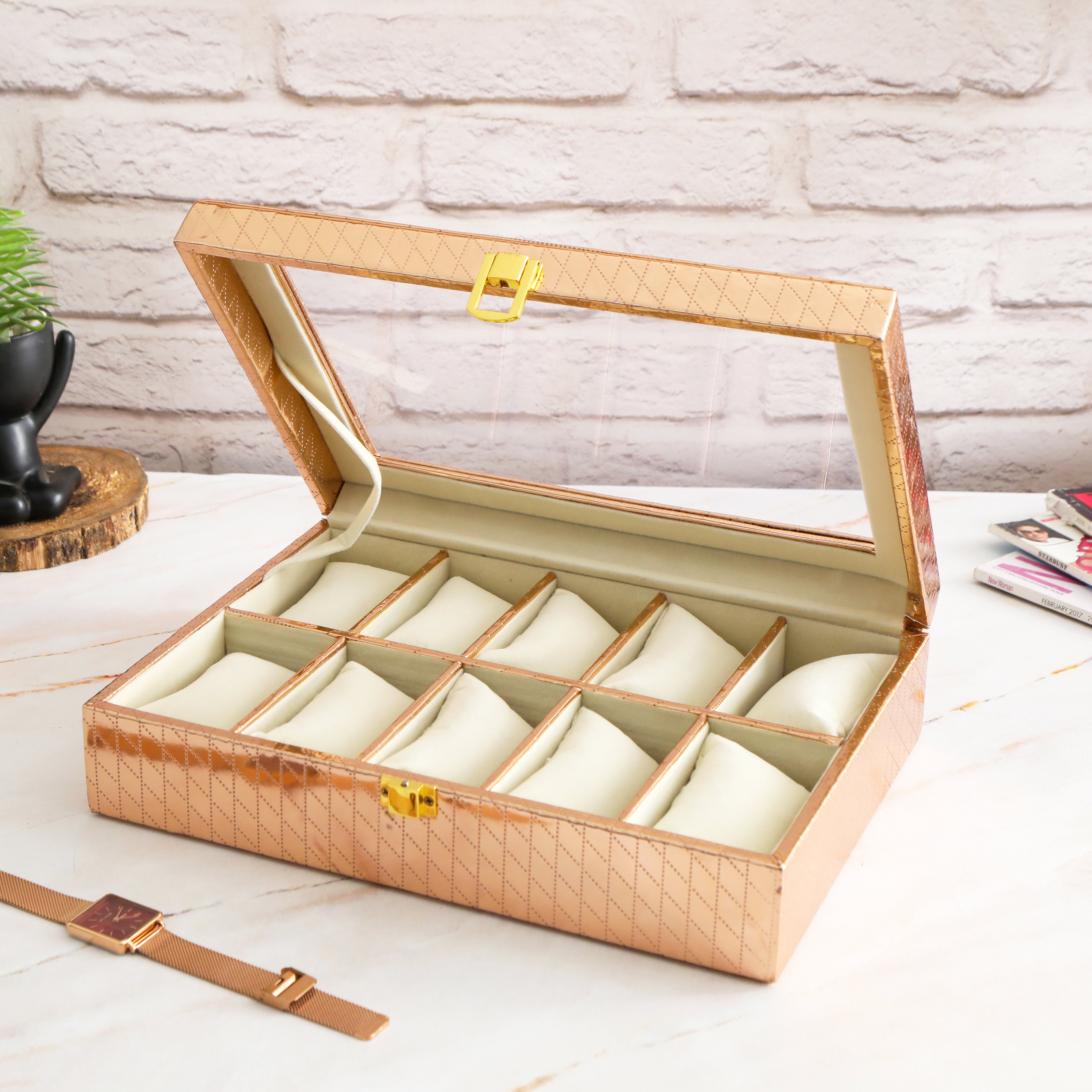 Leatherette Watch Box 10 Partition  - Copper