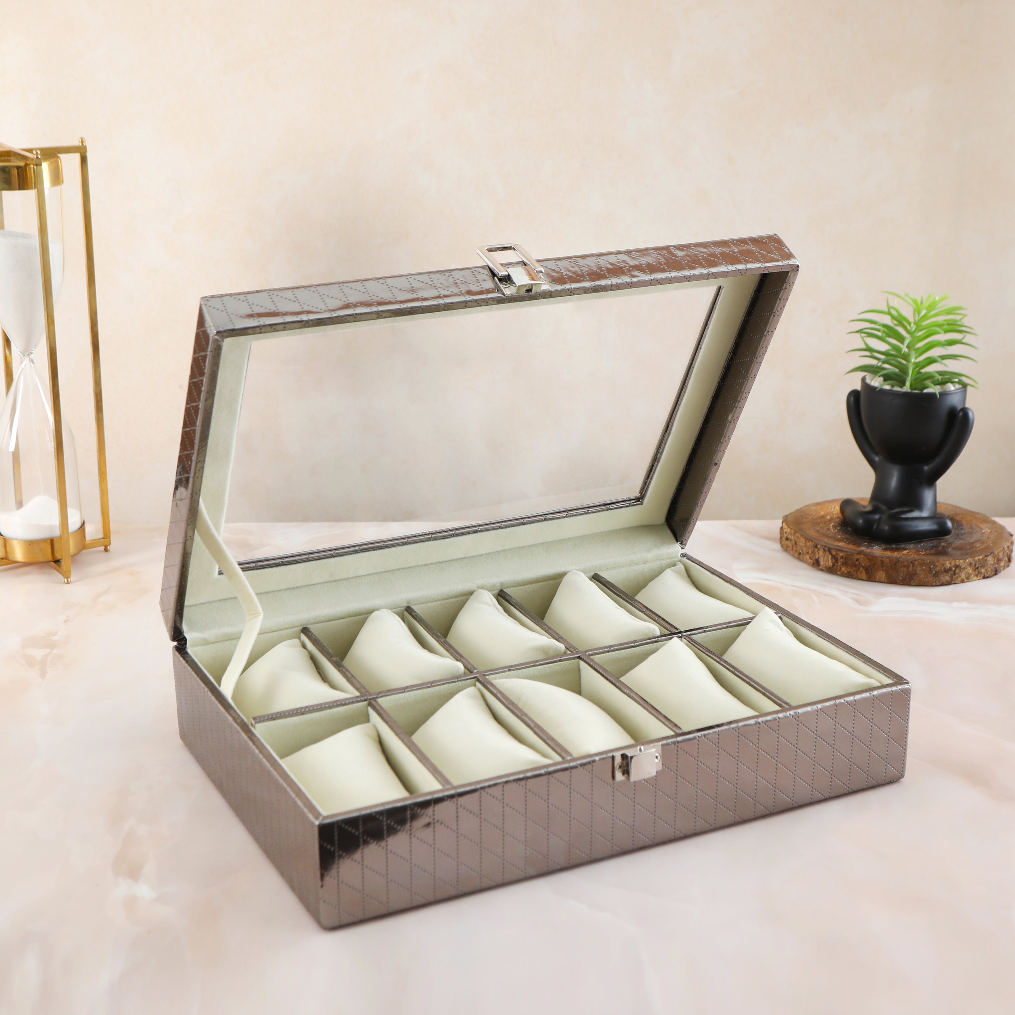 Leatherette Watch Box 10 Partition - Silver