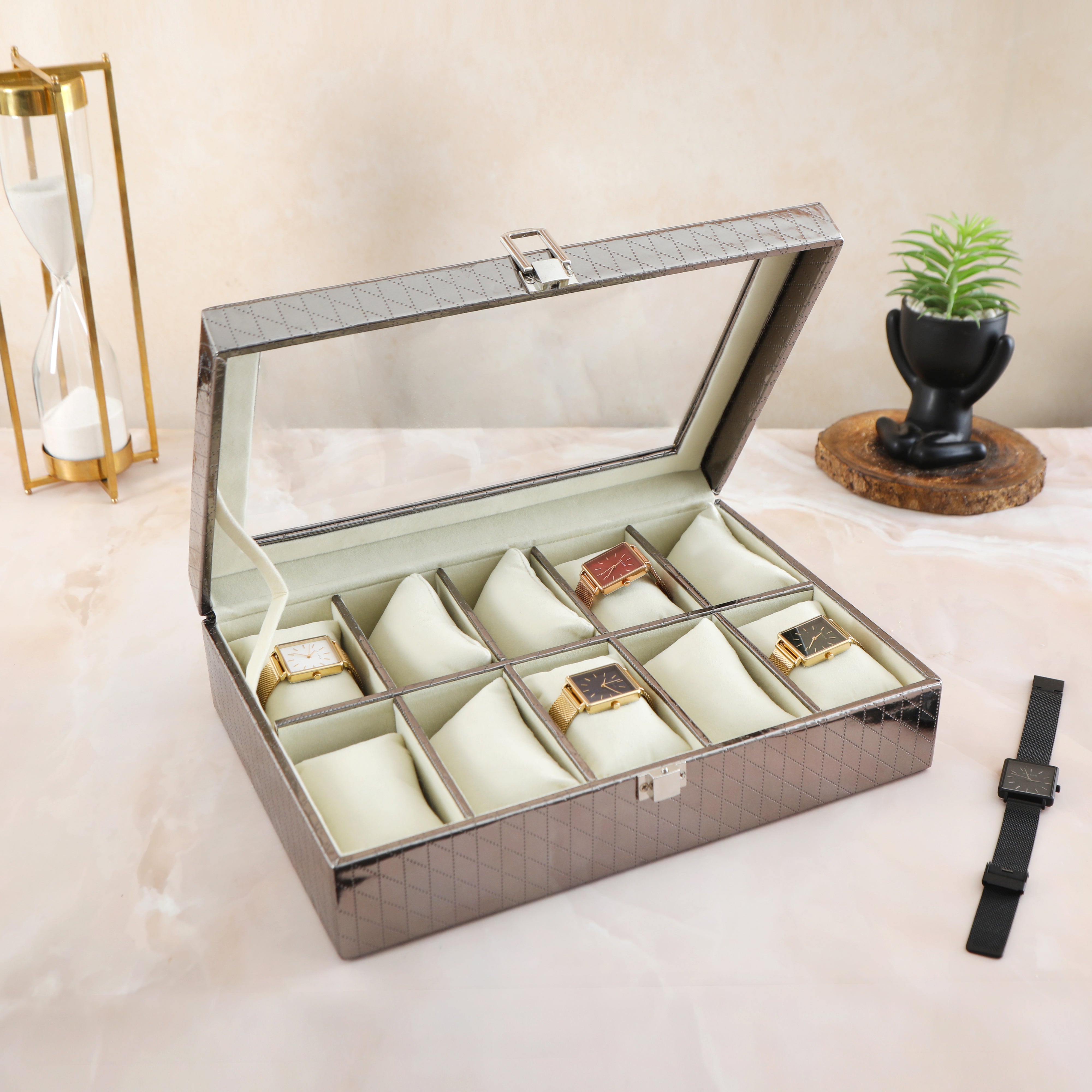 Leatherette Watch Box 10 Partition - Silver