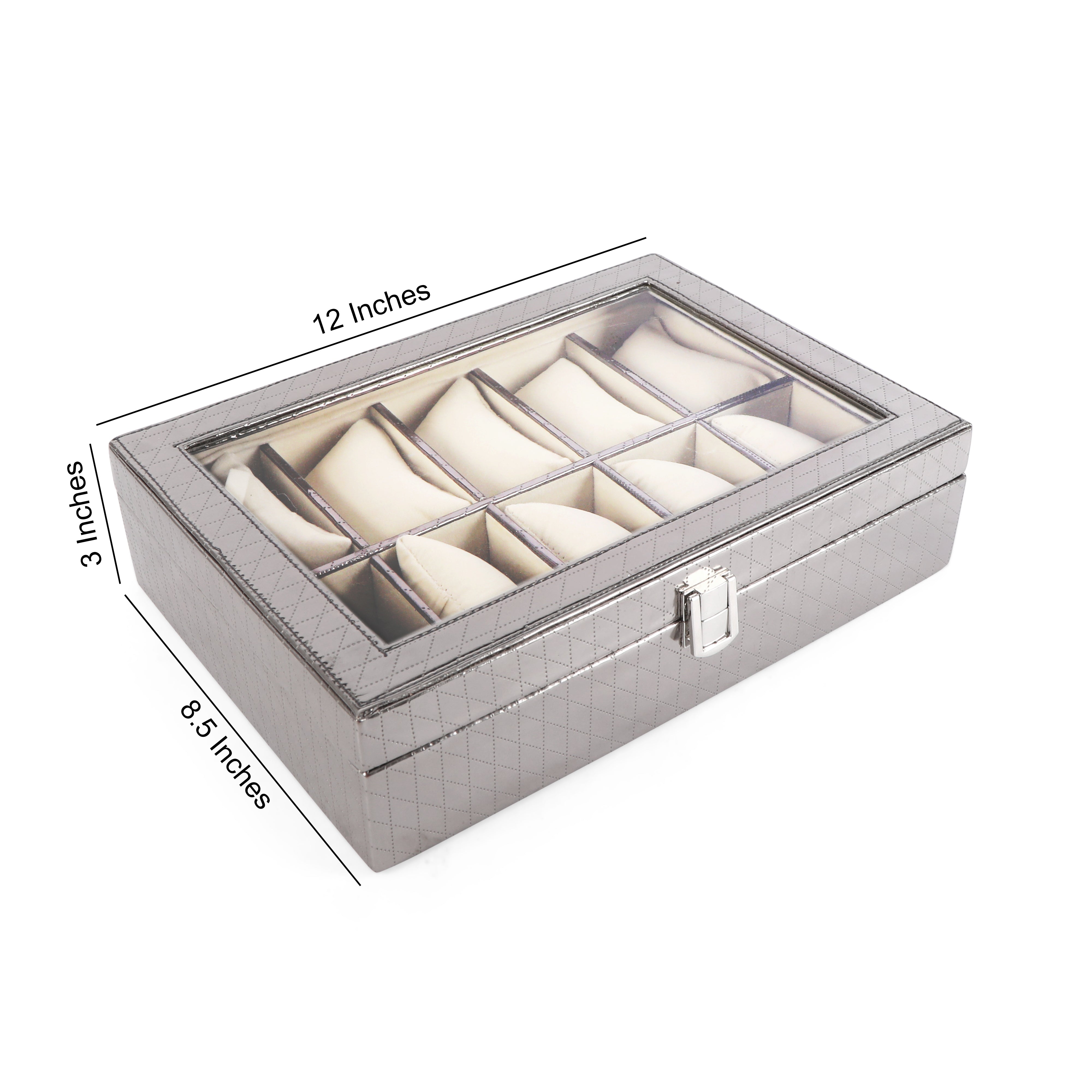 Leatherette Watch Box 10 Partition - Silver