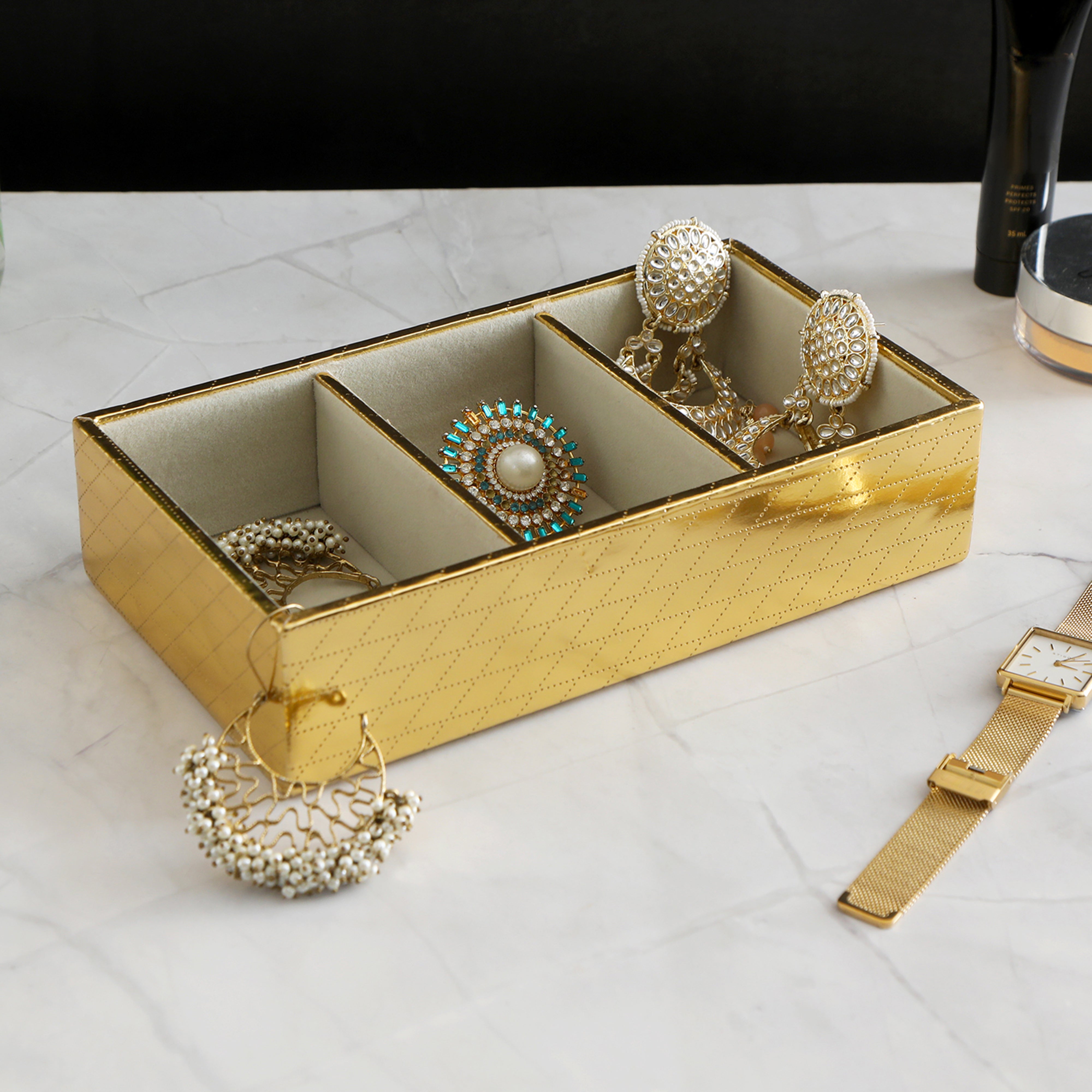 Leatherette Jewellery Tray 3 Partition - Gold