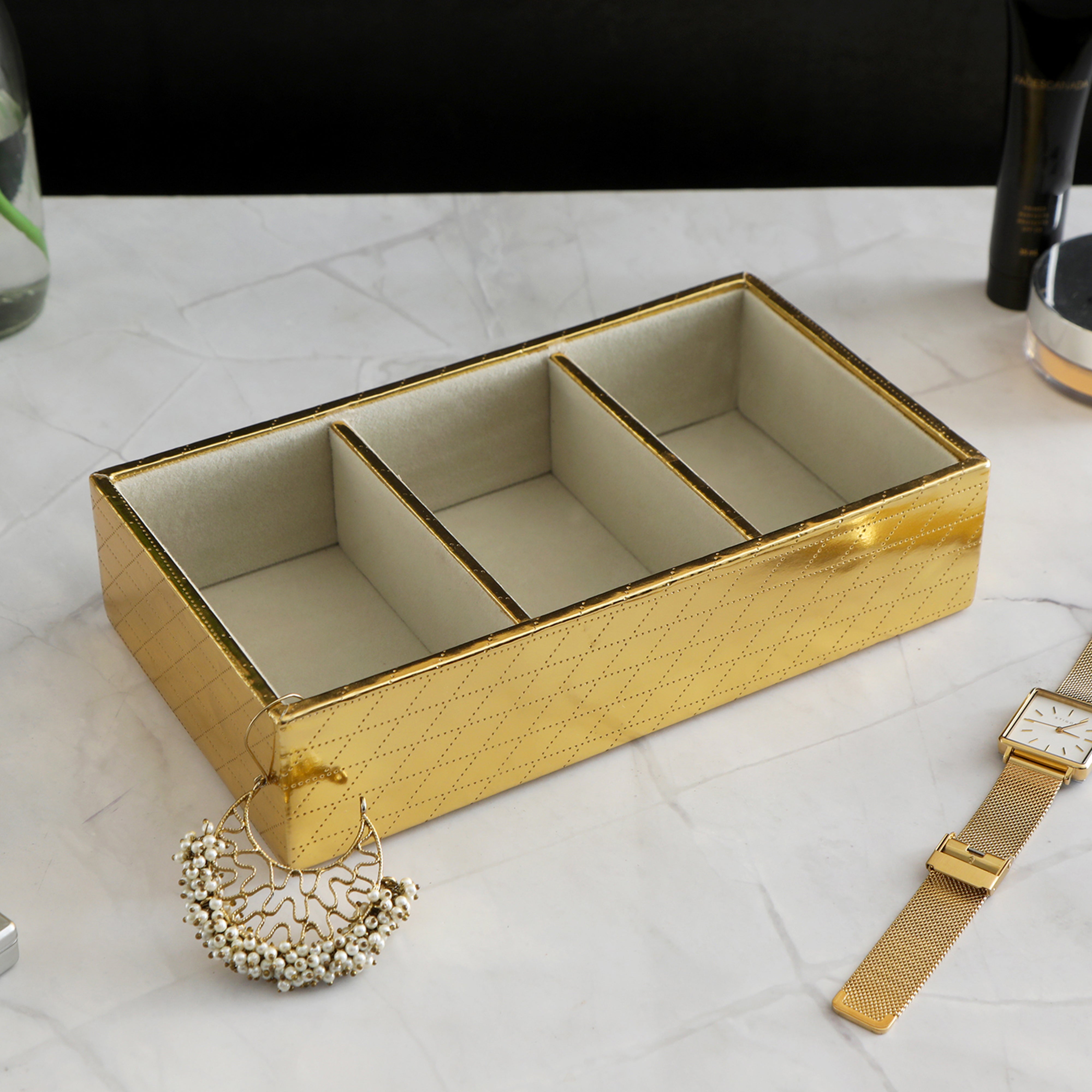 Leatherette Jewellery Tray 3 Partition - Gold