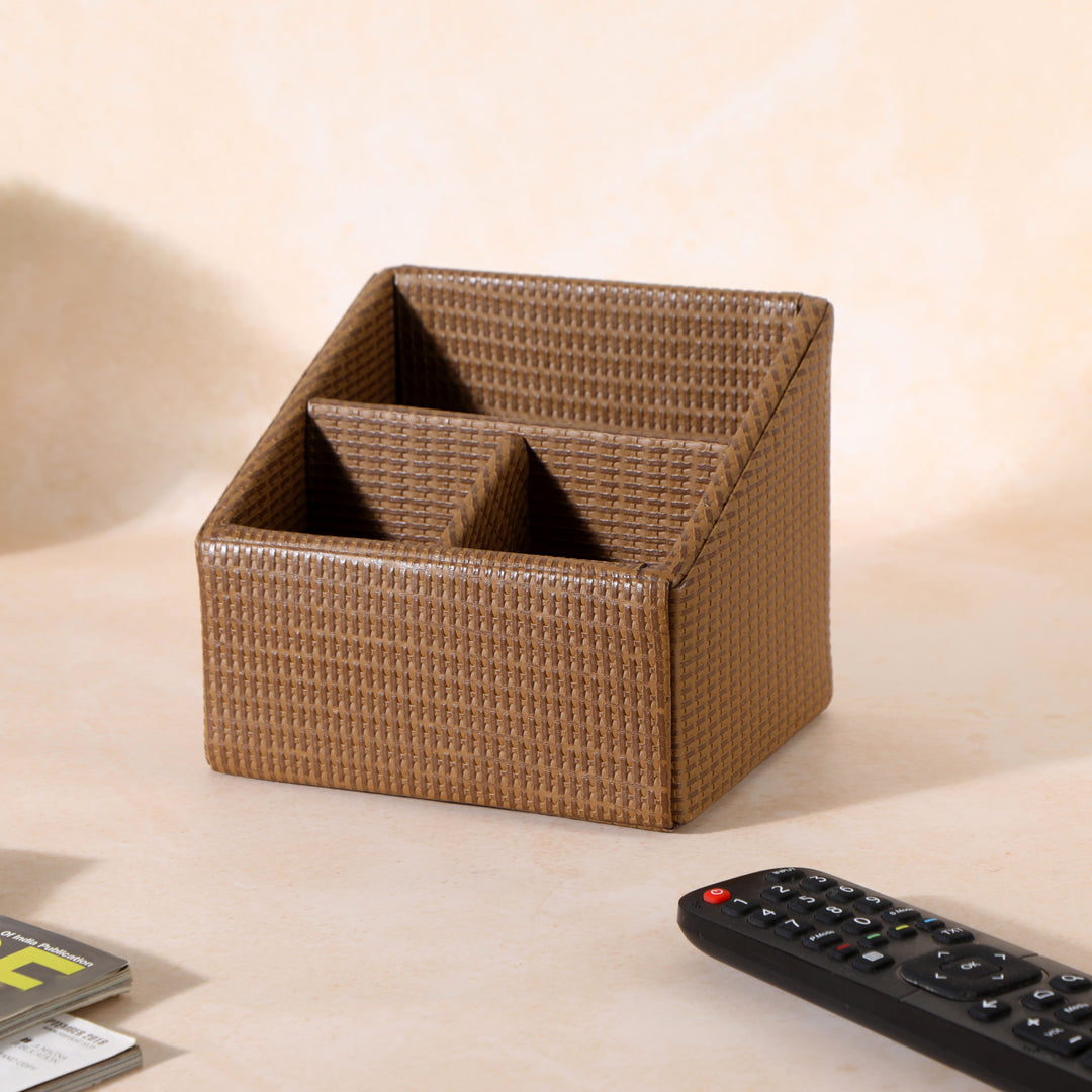 Remote Holder - Brown Leatherette - Three Partition