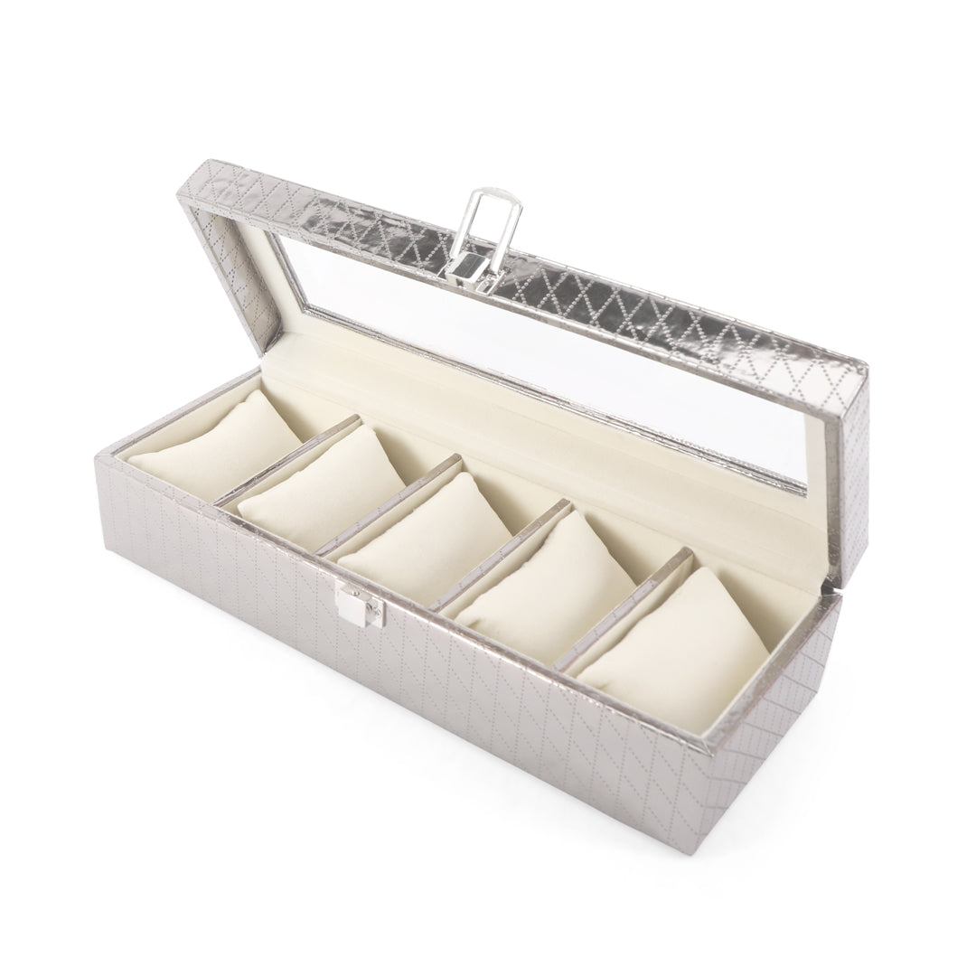 Leatherette Watch Box 5 Partition - Silver