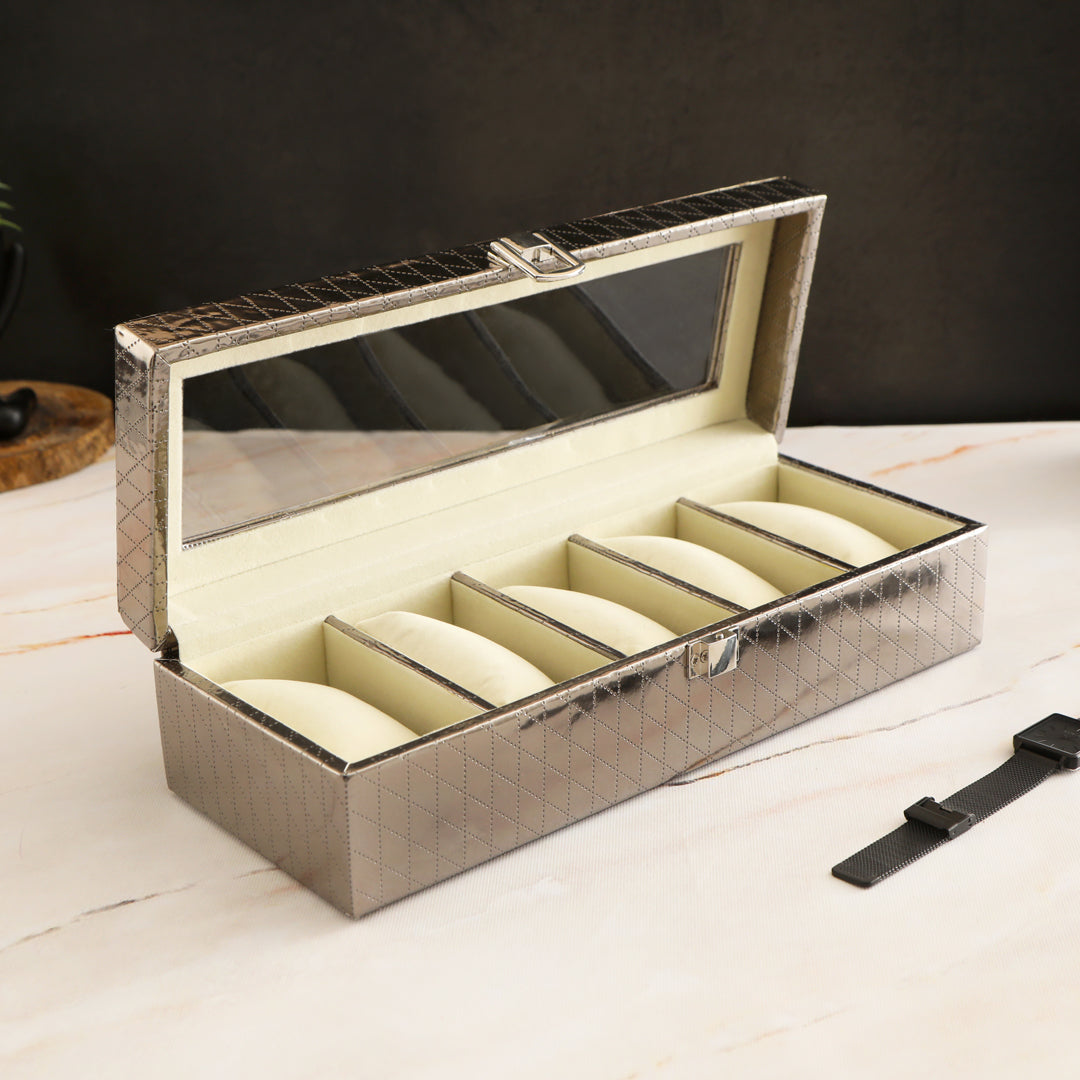 Leatherette Watch Box 5 Partition - Silver