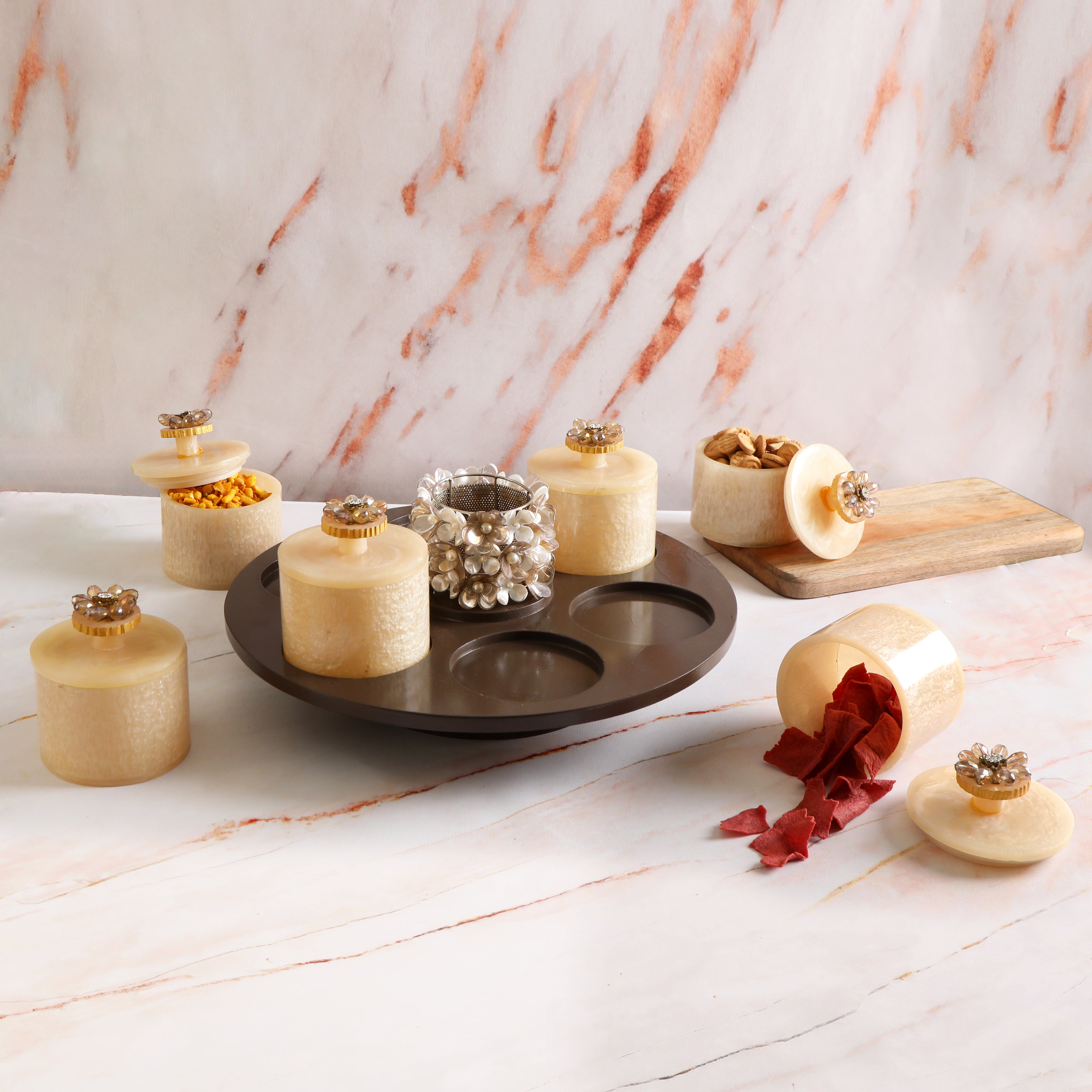 Wooden Revolving Base With 6 Resin Jars