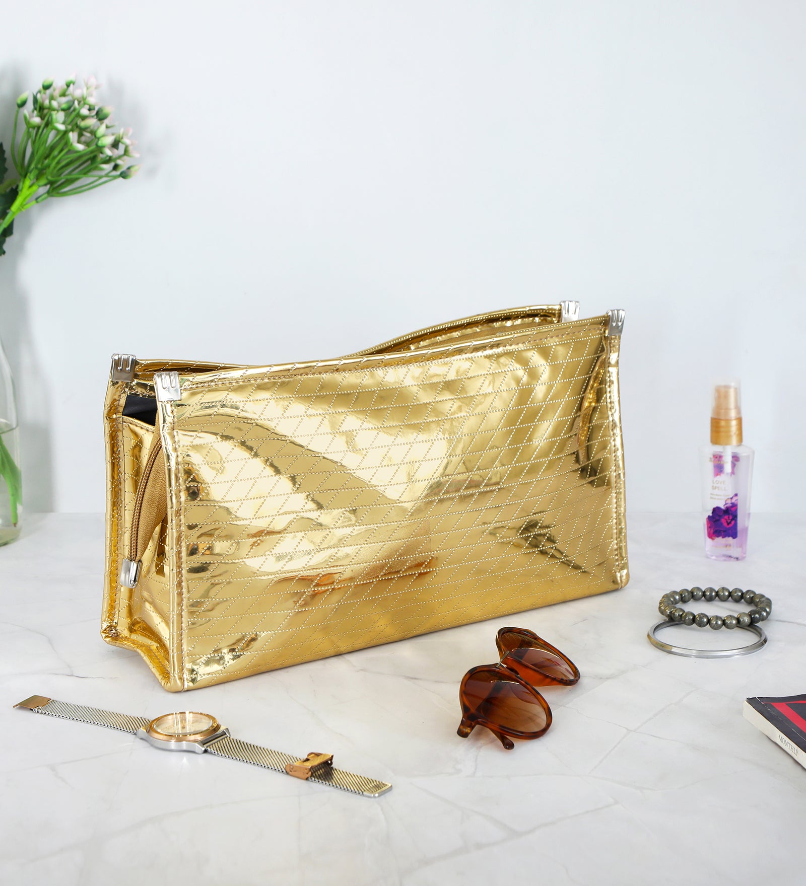 Leatherette 3 Zip Travel Pouch - Gold Large