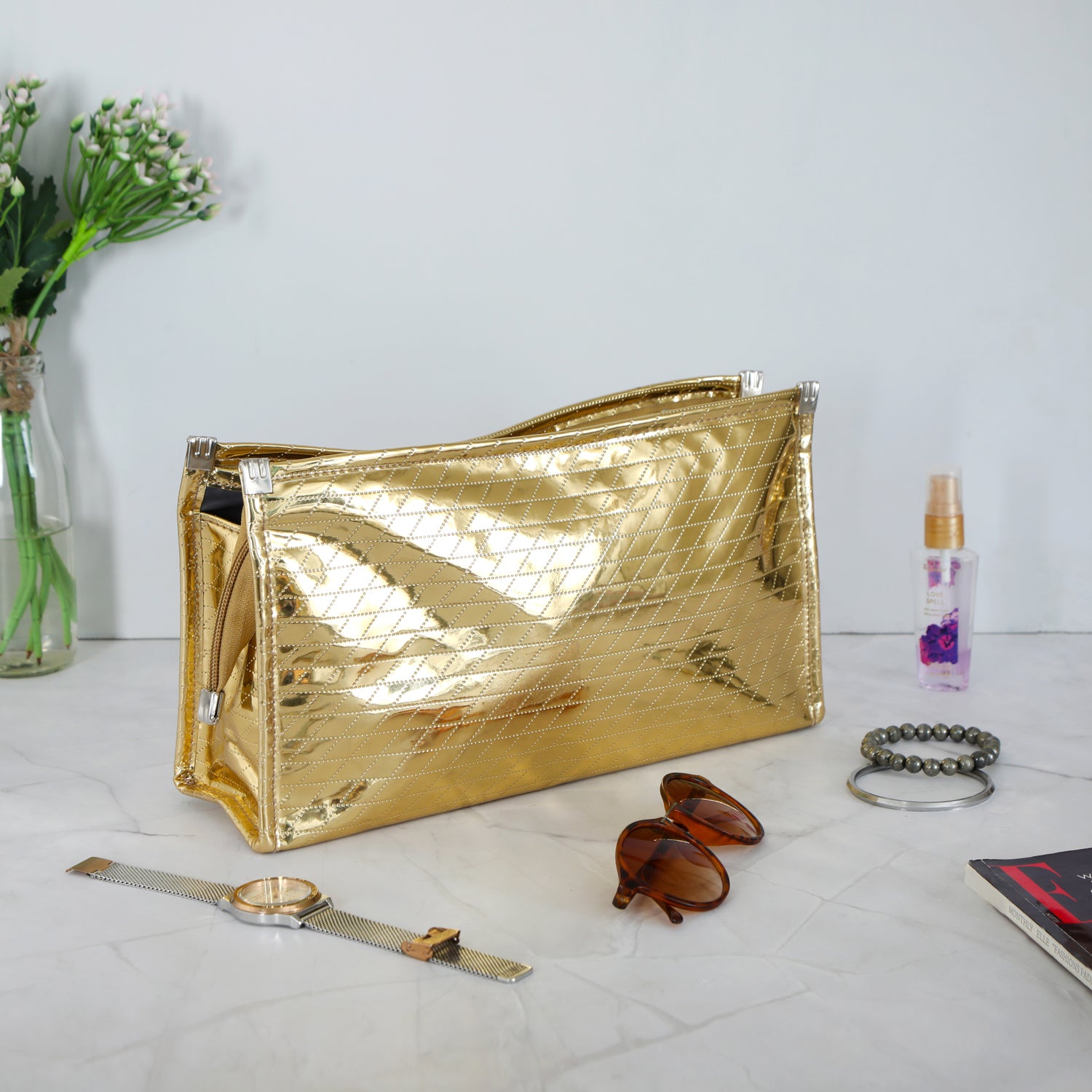 Travel Pouch - Gold 3 Pockets Pouch - Medium (10")