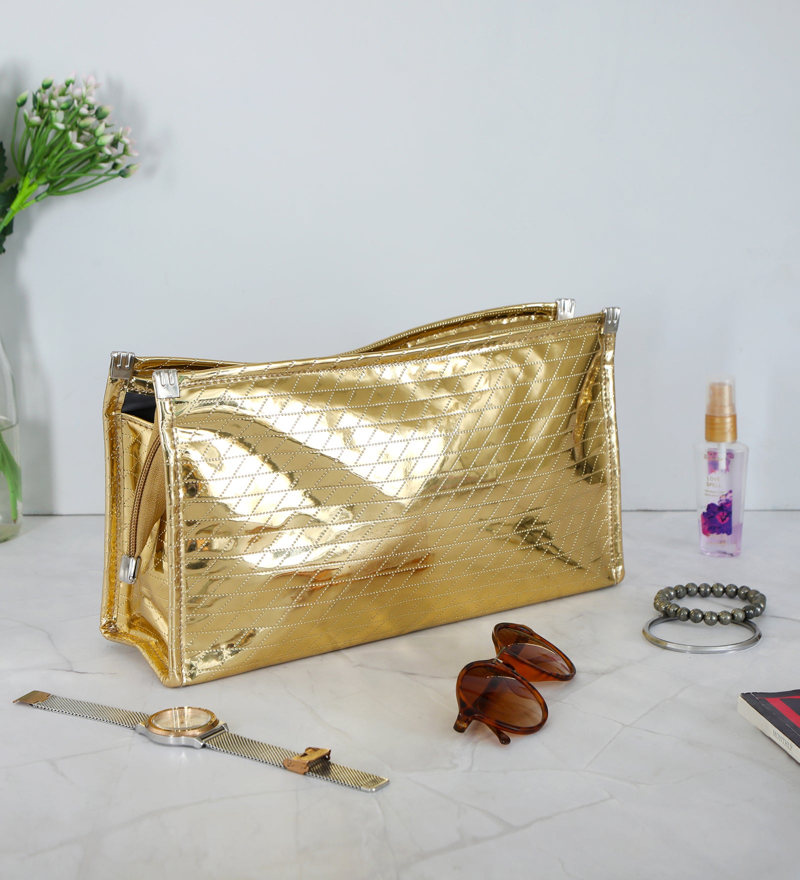 Leatherette 3 Zip Travel Pouch - Gold Medium