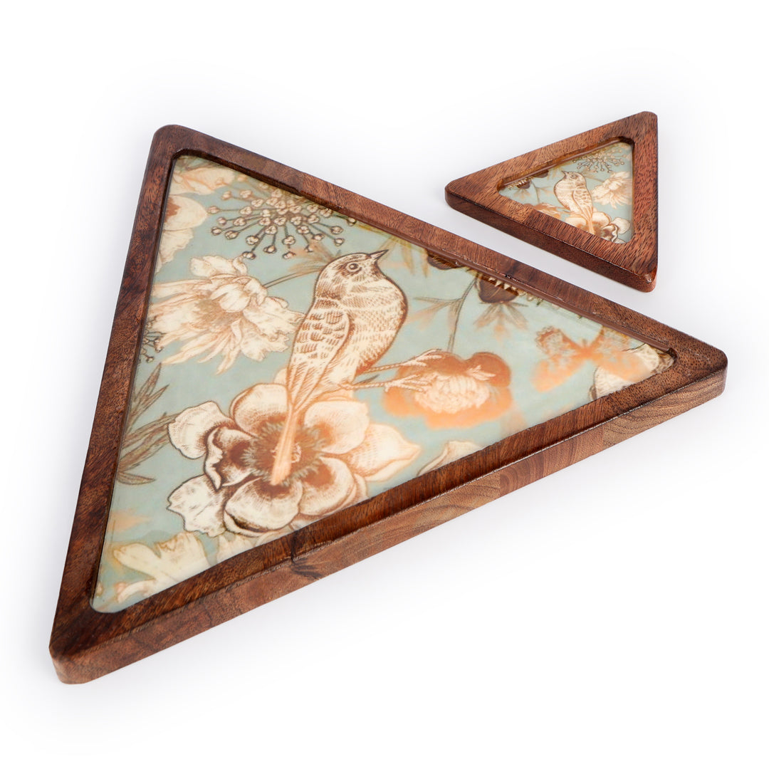 Wooden Grey bird print & Enameled Triangle Shape Platter