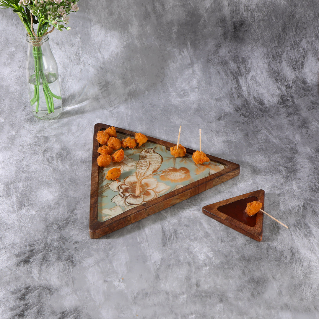 Wooden Grey bird print & Enameled Triangle Shape Platter