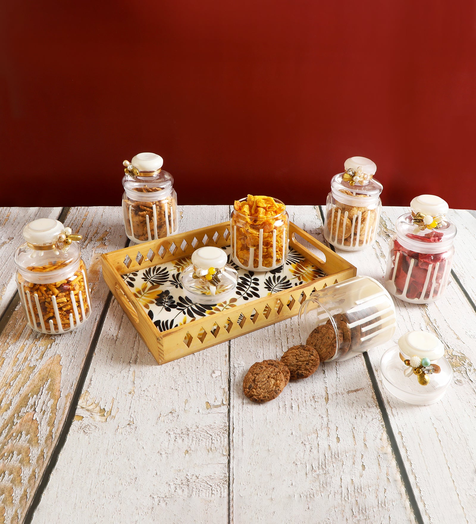 Glass Jar Set With Pinewood Brown Tray - The Home Co.