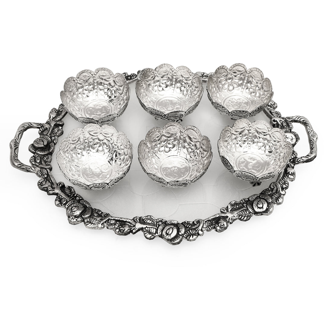 Oval German Silver Large Tray with 6 Bowls