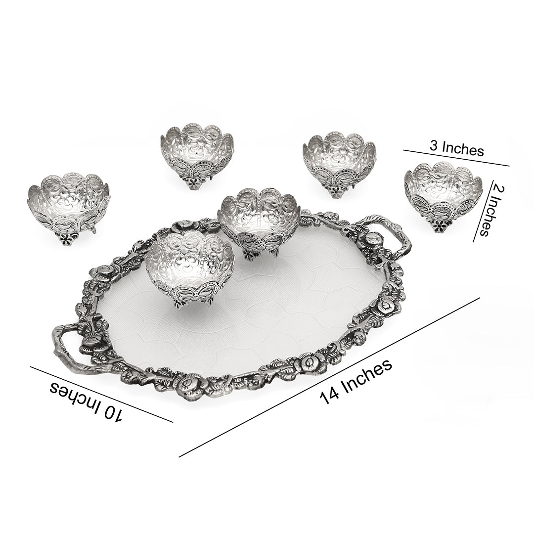 Oval German Silver Large Tray with 6 Bowls