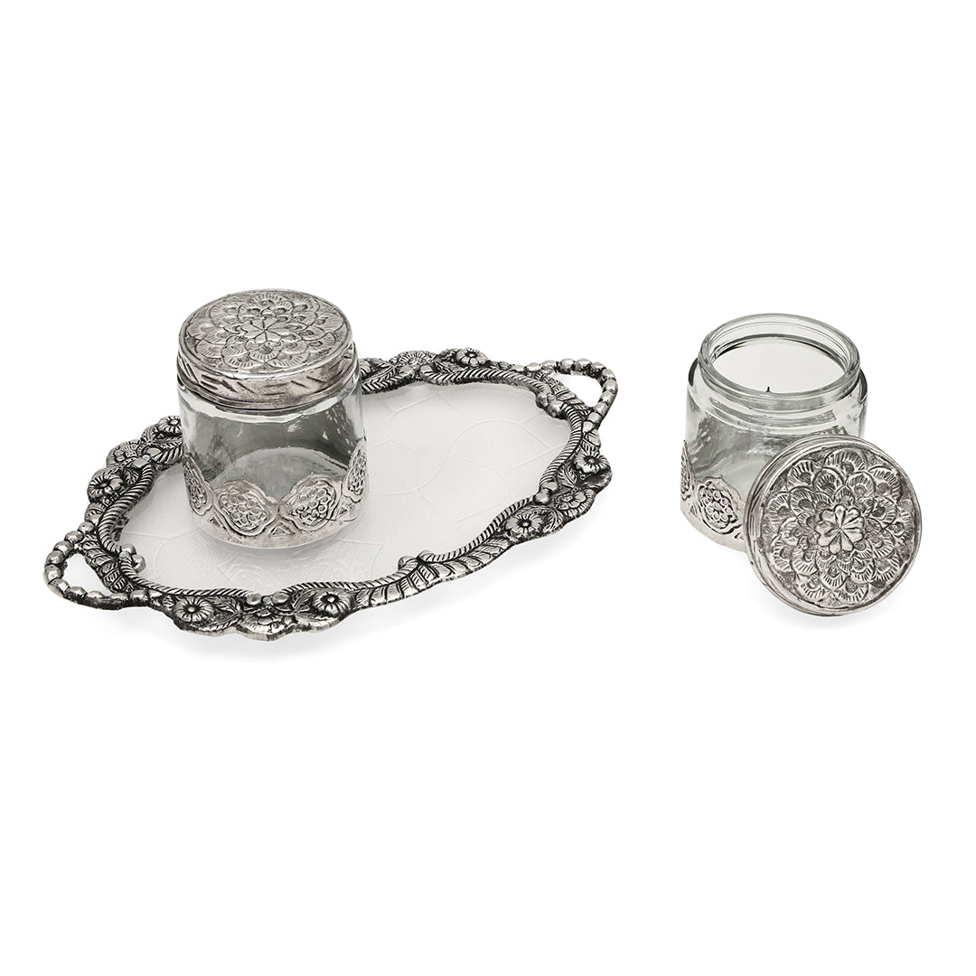 Oval German Silver Small Tray with 2 Glass Jars - Combo