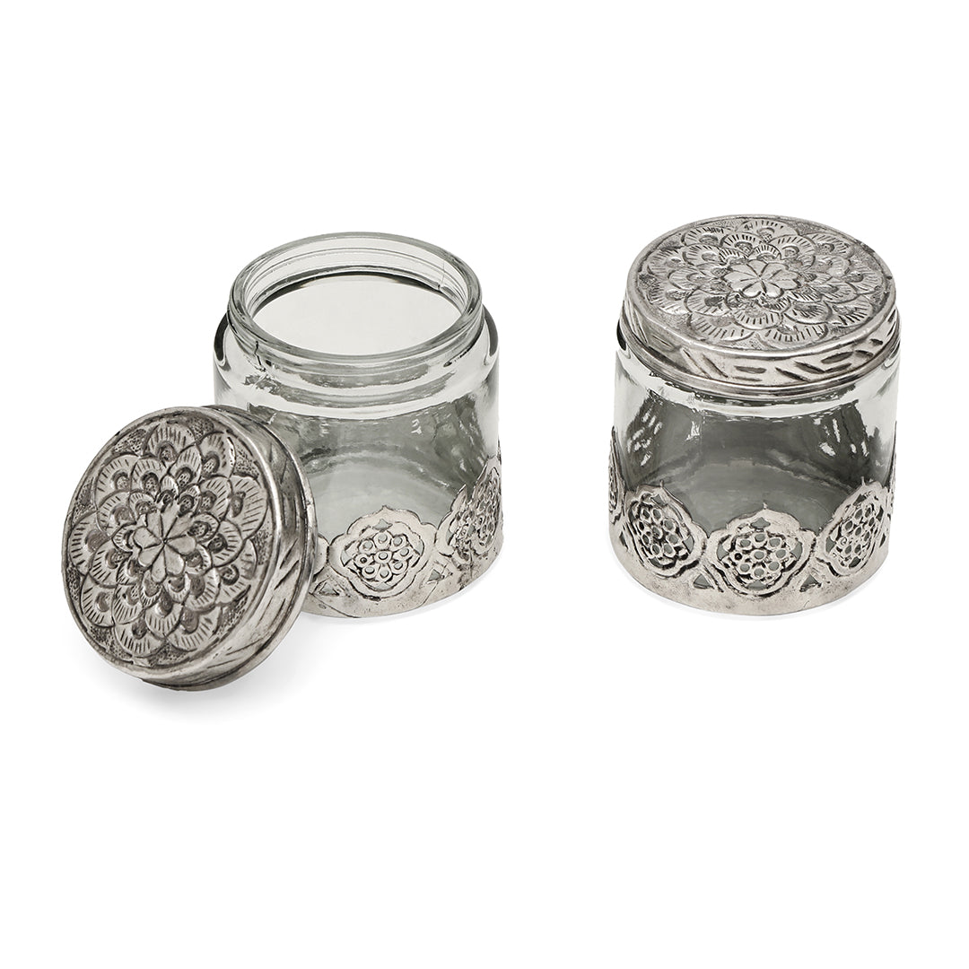 Oval German Silver Small Tray with 2 Glass Jars - Combo