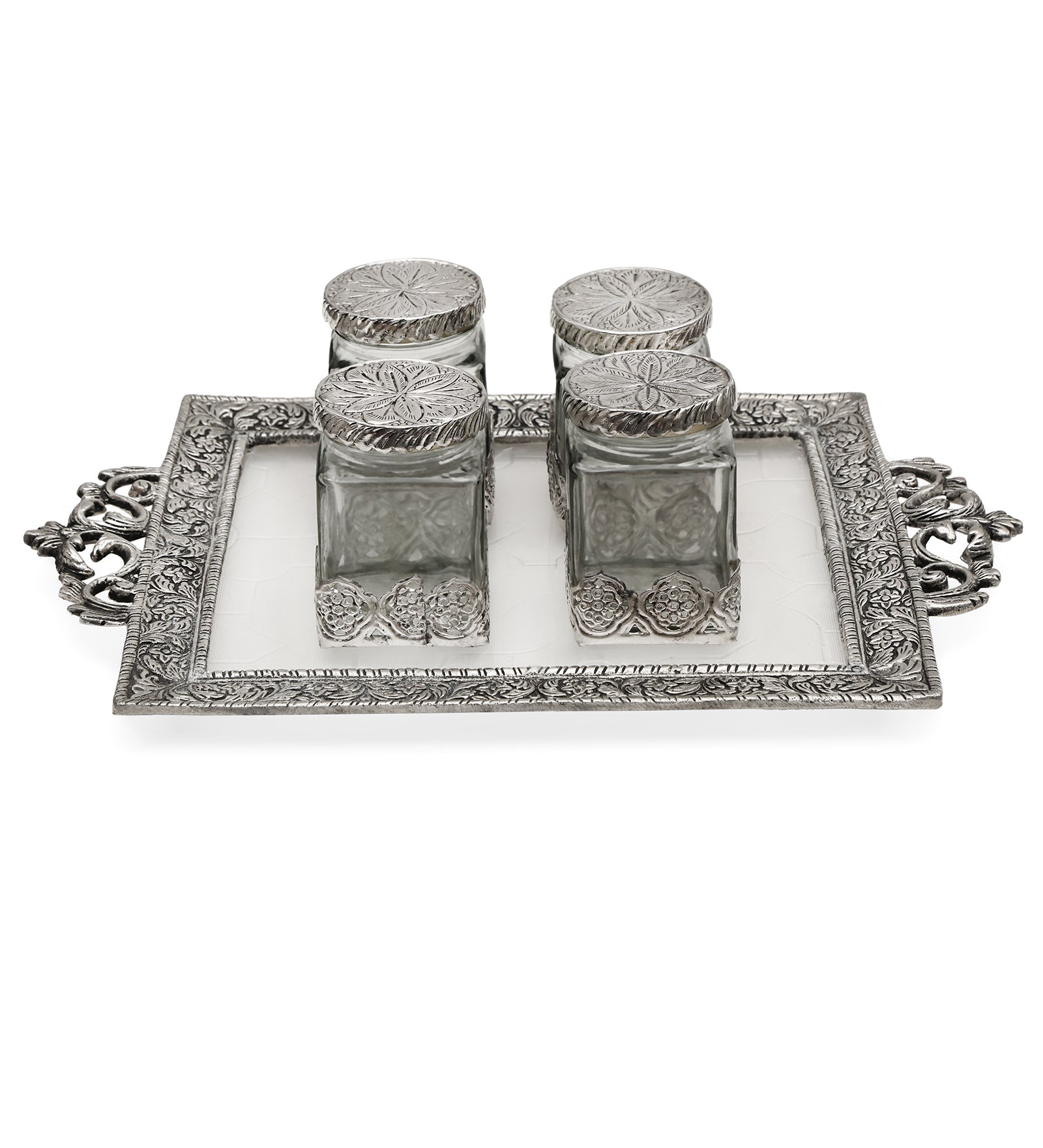 Silver Rectangle German Tray With 4 Silver Square Jars