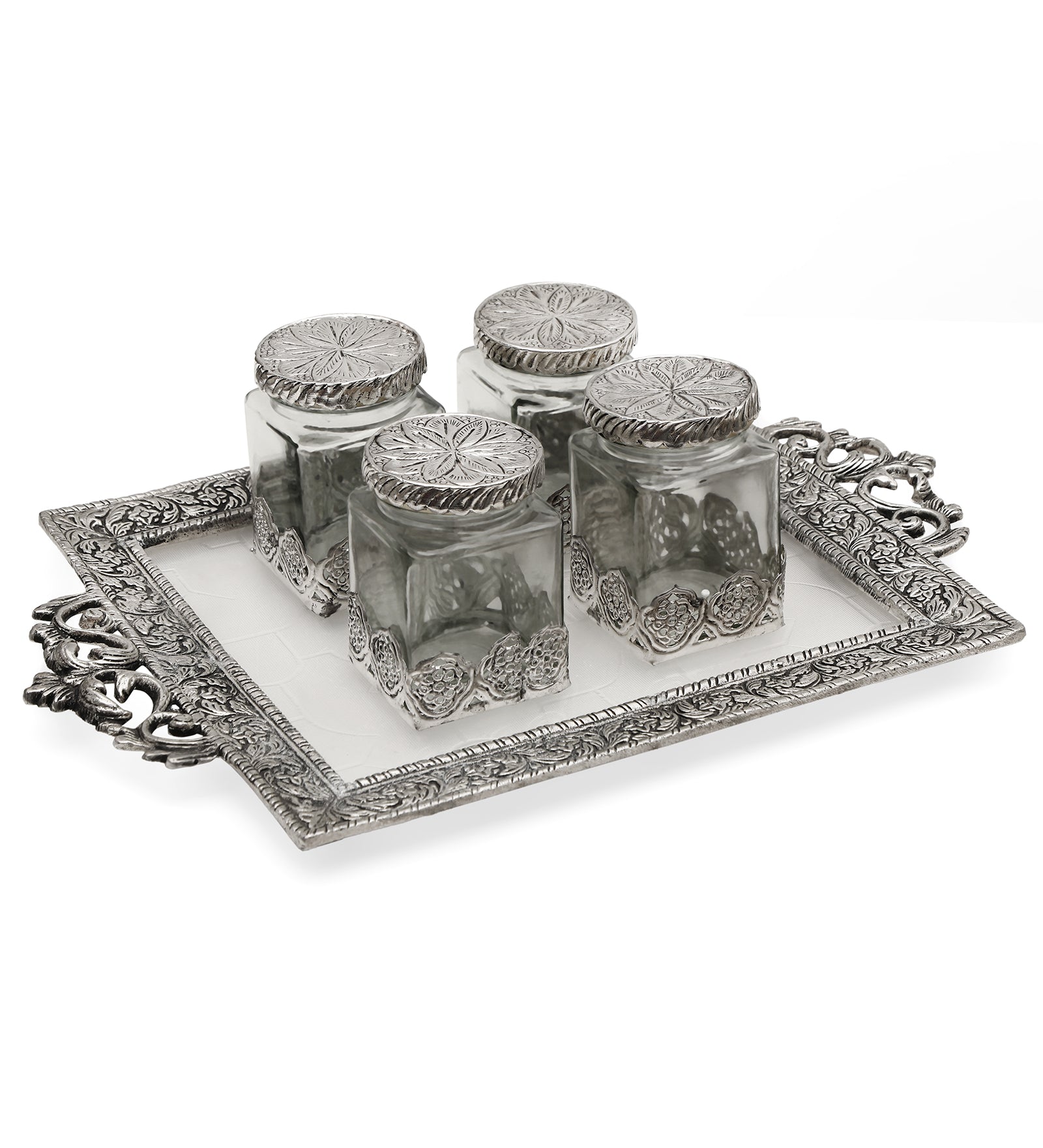 Silver Rectangle German Tray With 4 Silver Square Jars