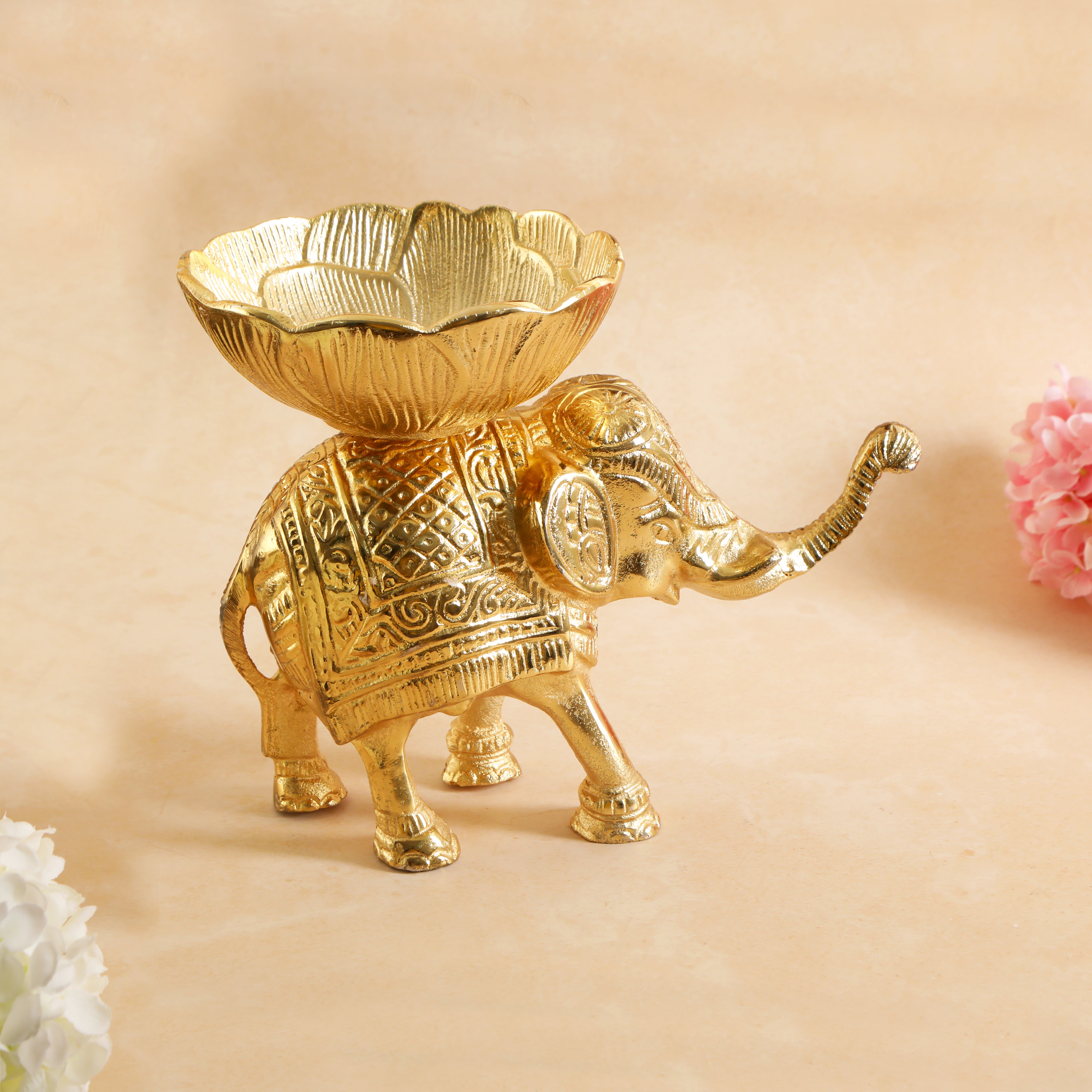 Elephant With Bowl Large - Gold