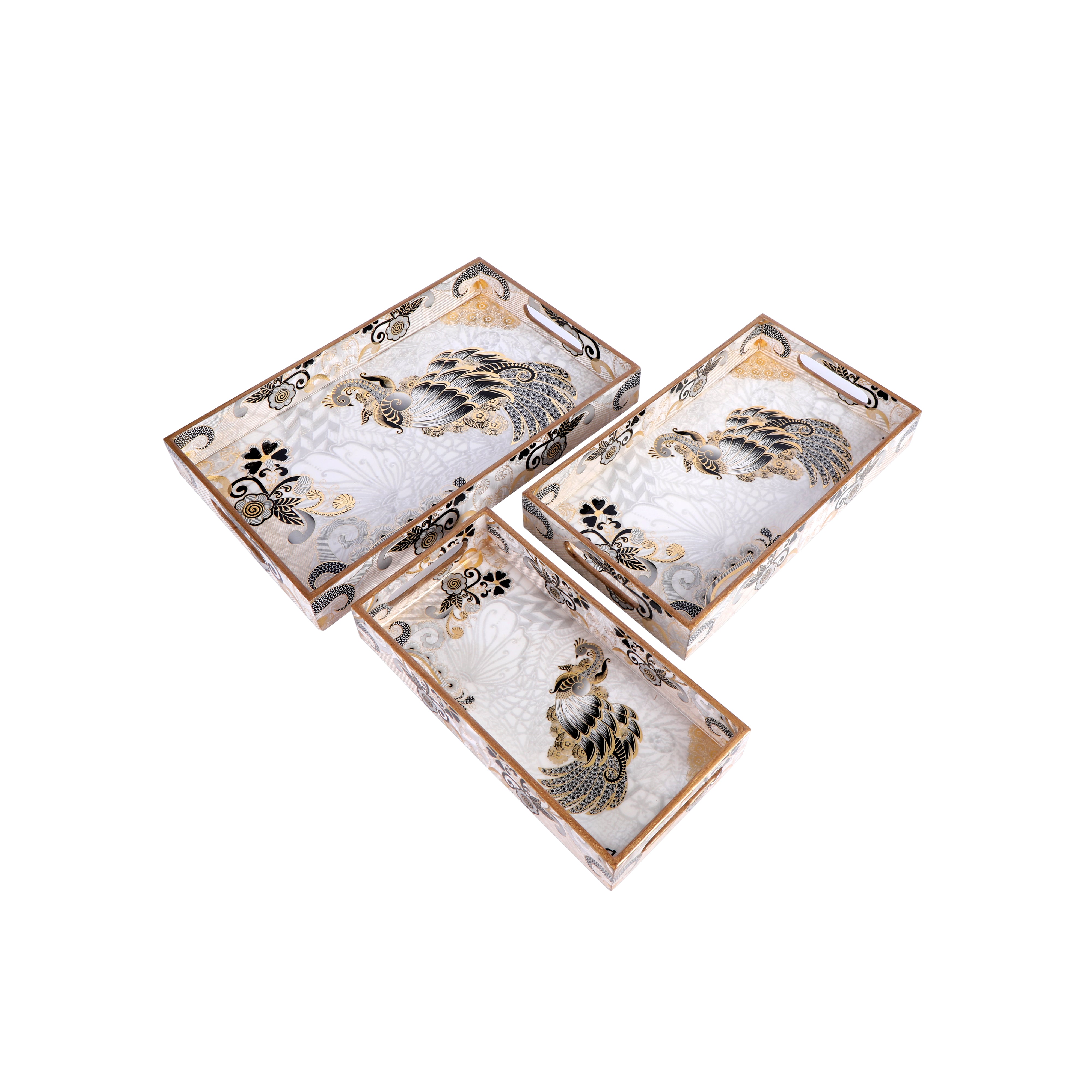 Tray Set Of 3 - Grey Peacock Rectangle