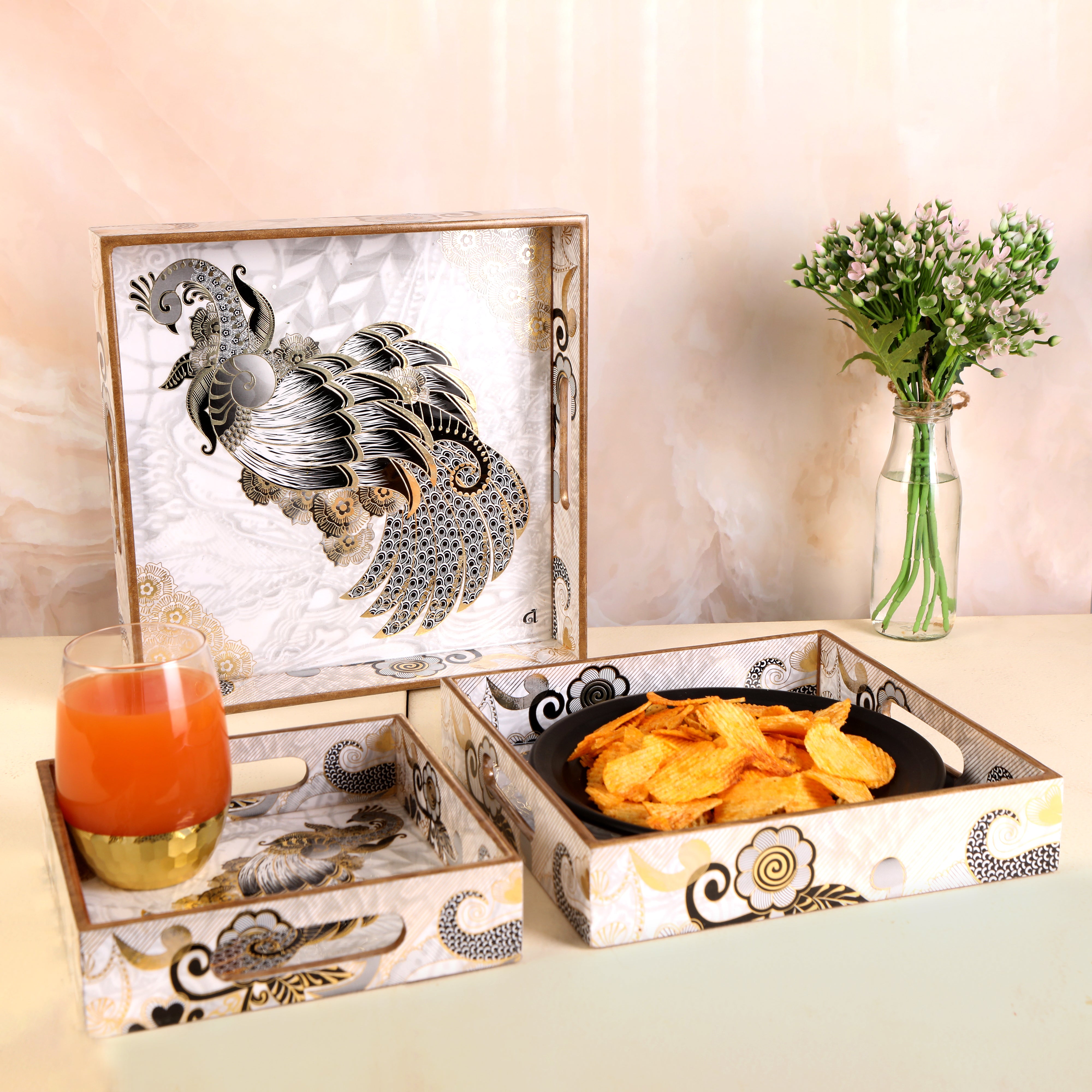 Tray Set of 3 - Grey Peacock Square