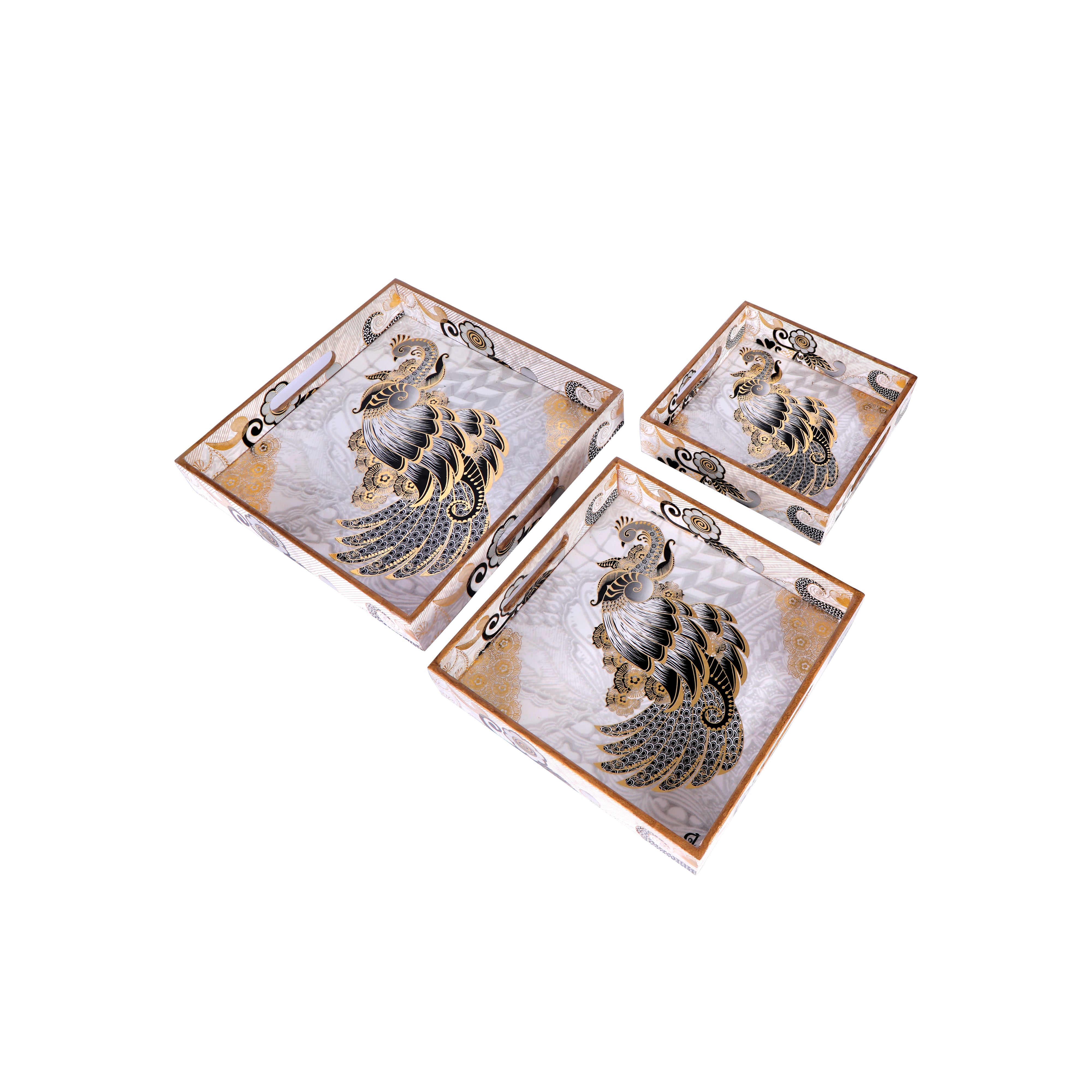 Tray Set of 3 - Grey Peacock Square