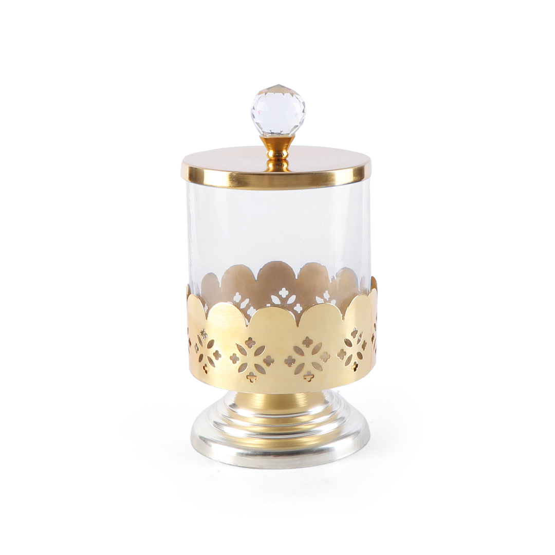 Glass Jar With Gold Lid & Base (Medium) 2- The Home Co.