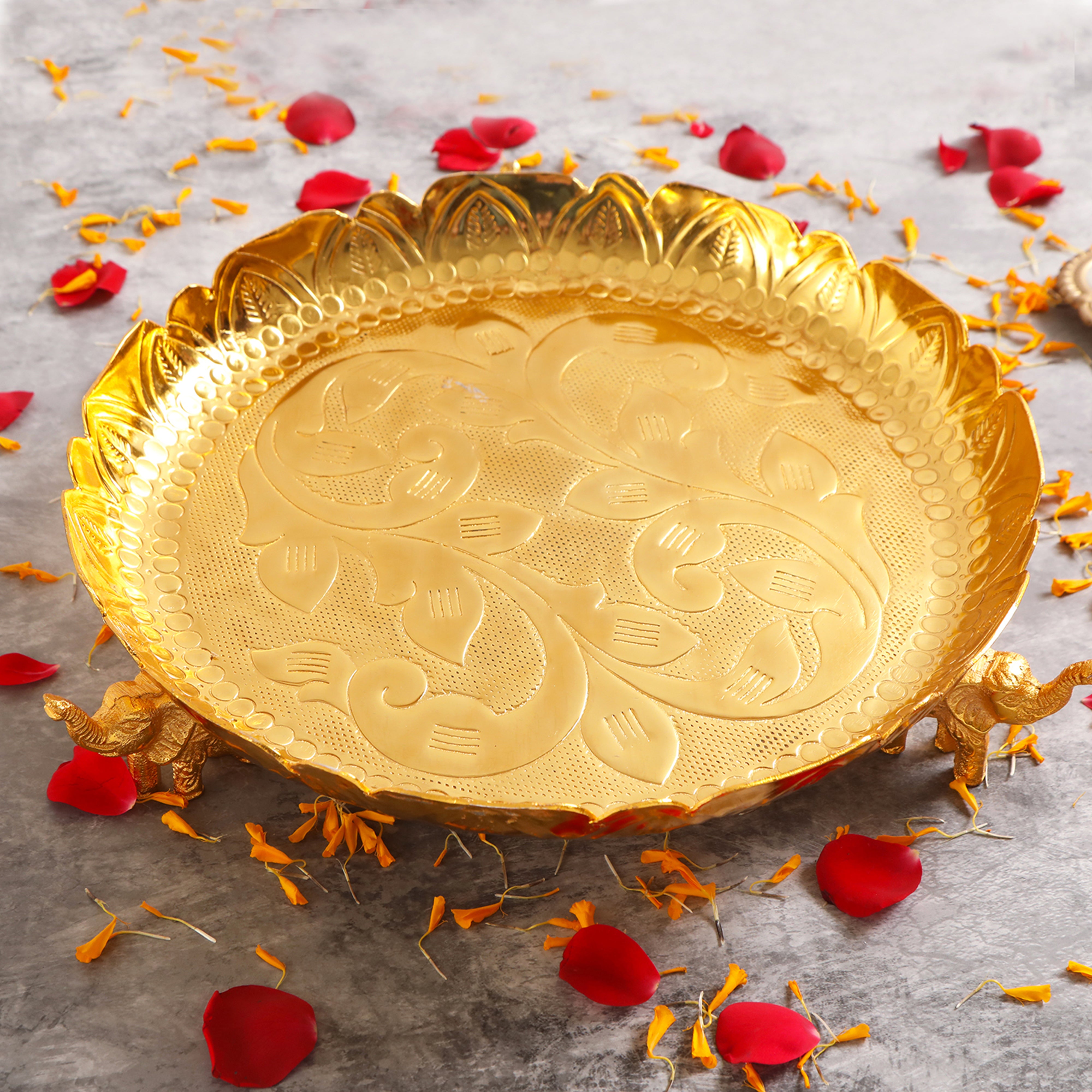 Gold Plated Aluminium Thal Platter With Elephant Legs - Large