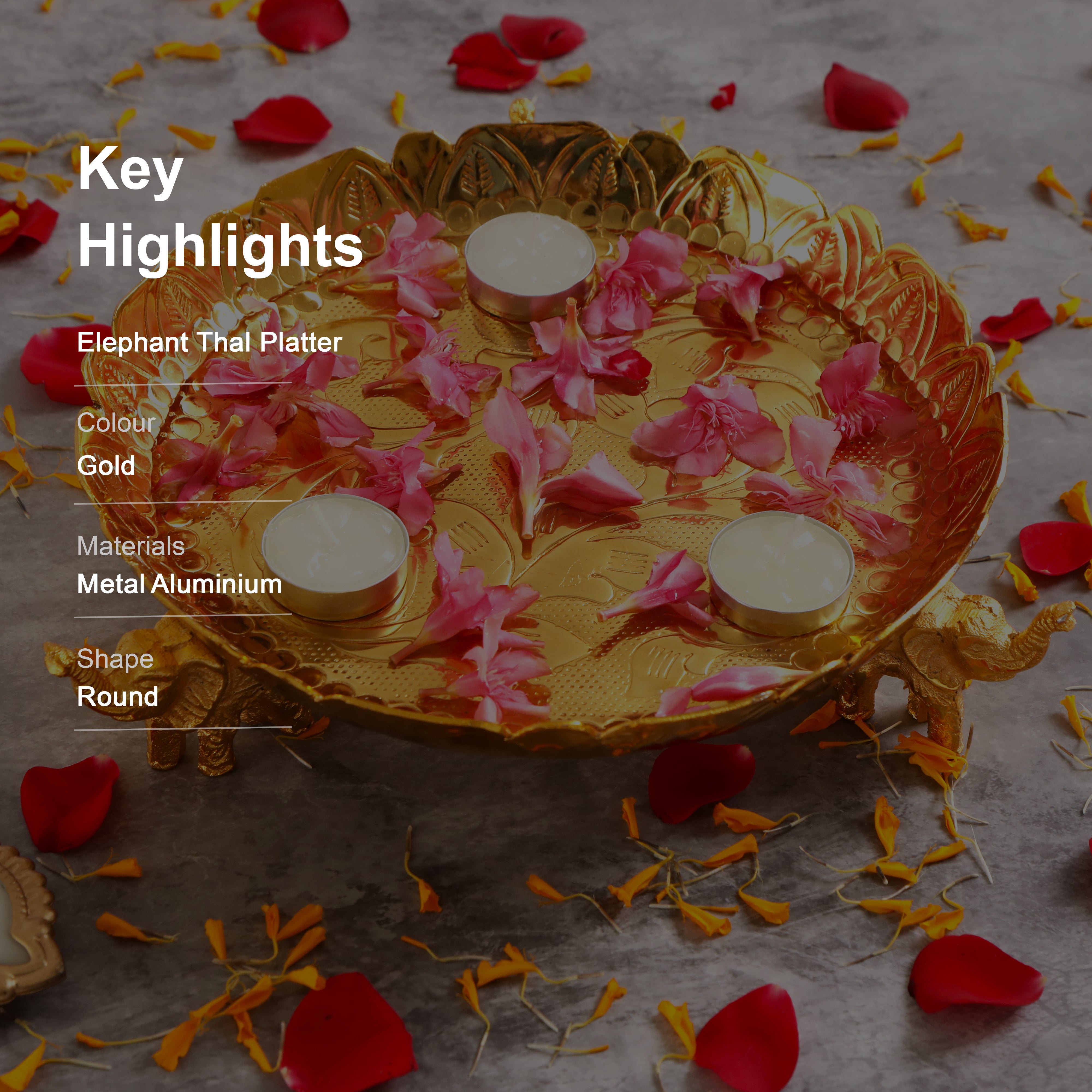 Gold Plated Aluminium Thal Platter With Elephant Legs - Medium