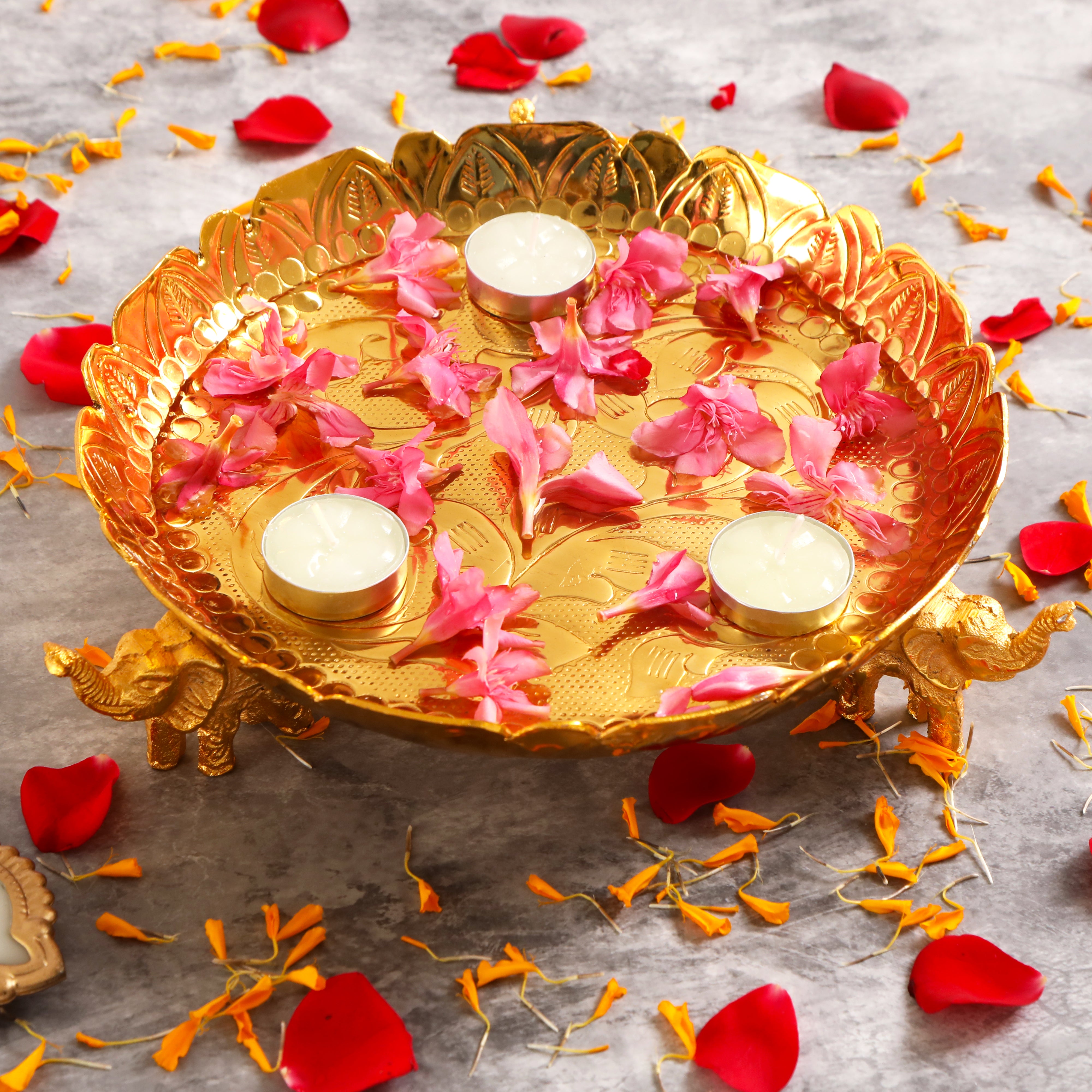 Gold Plated Aluminium Thal Platter With Elephant Legs - Medium