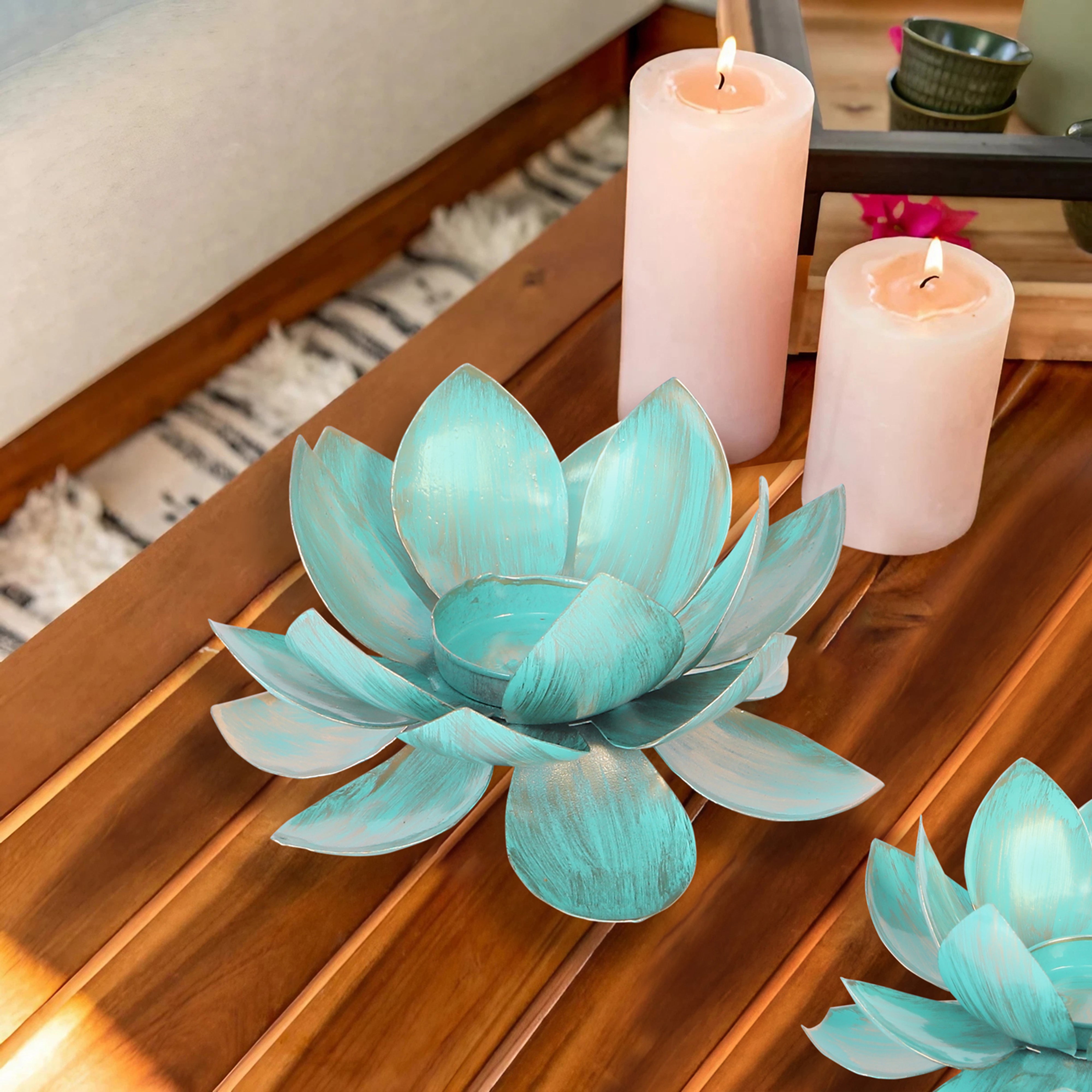 Tea Light Candle Stand Set of 2  - Blue Lotus Tea Light Candle Holder