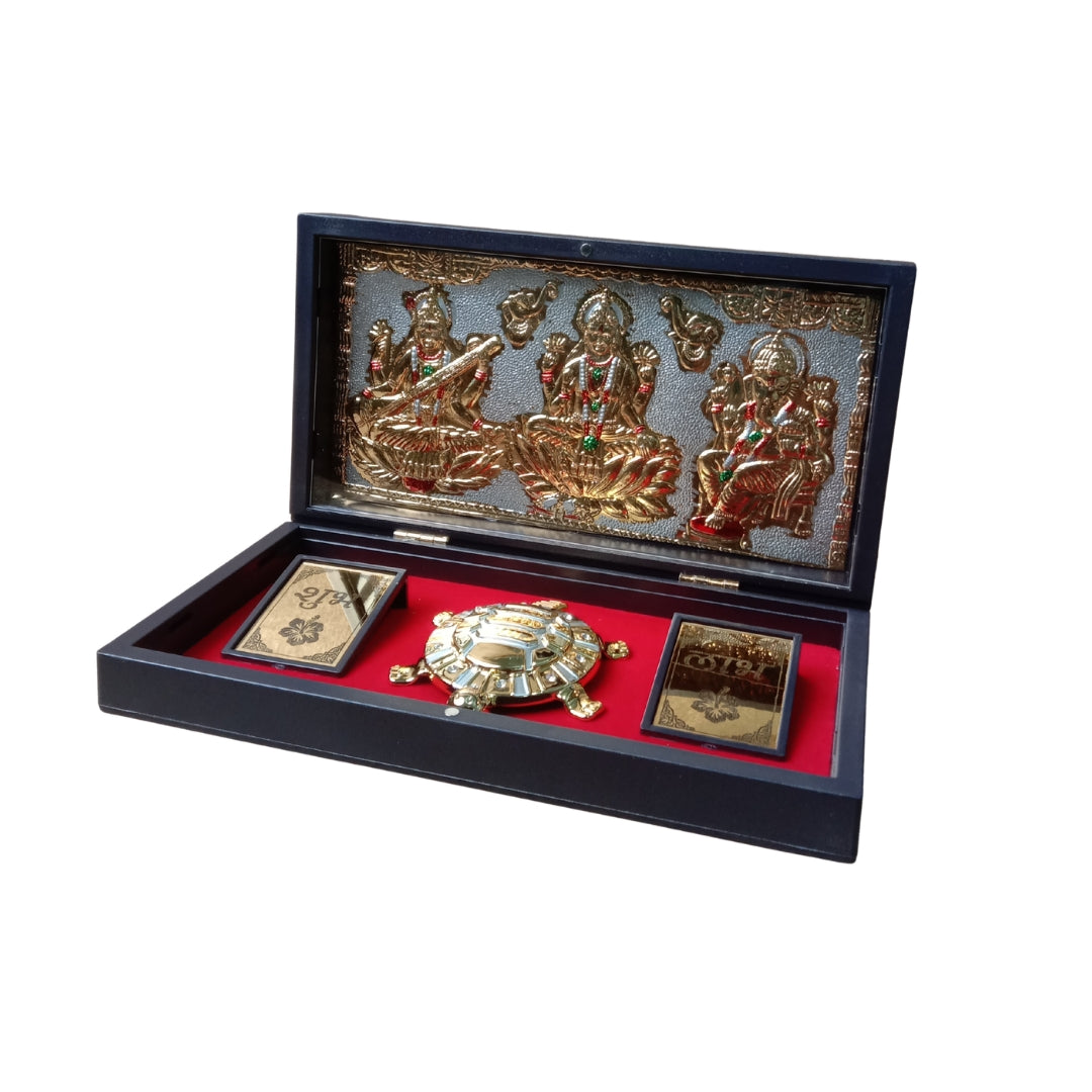 999 Pure Silver & 24K Gold Plated Laxmi Ganesh Saraswati Idol with Feng Shui Kachua Pooja Box