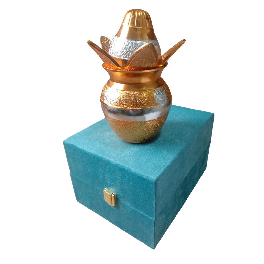 Gold Plated Kalash with Coconut Set in Turquoise Velvet Box for Worship
