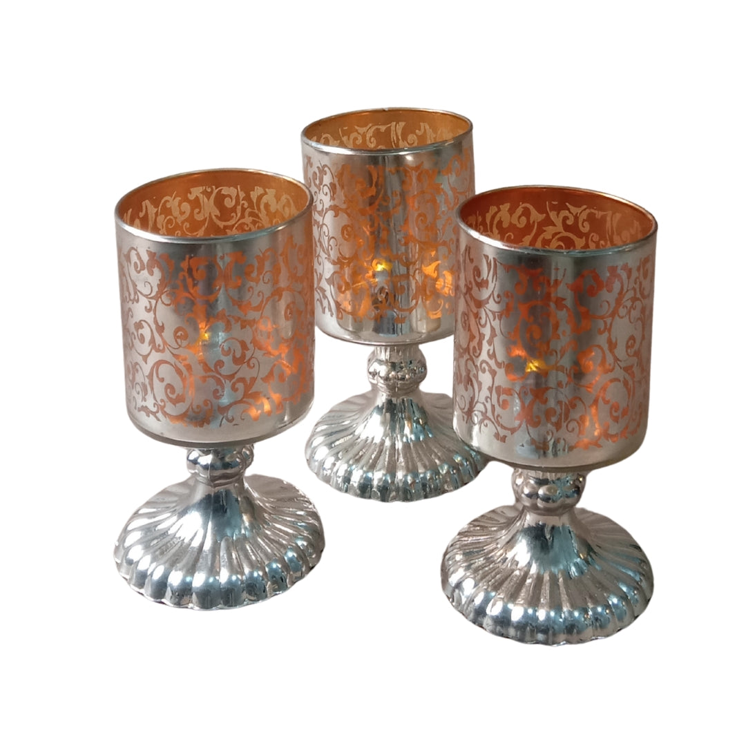 Set of 3 Yellow Etched Glass Pedestal Tea Light Holders