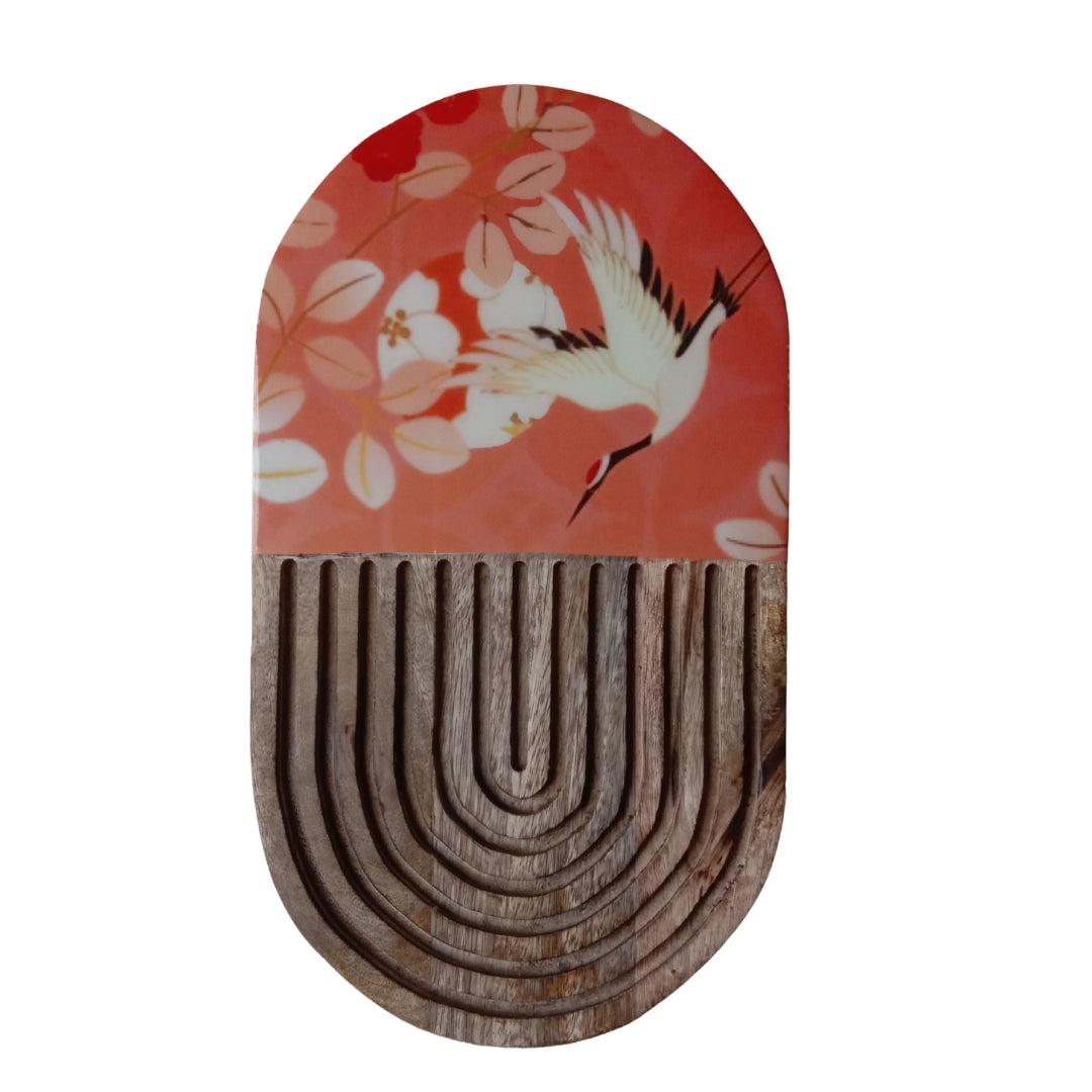 Flamingo Print Enamel & Ribbed Wooden Oval Platter
