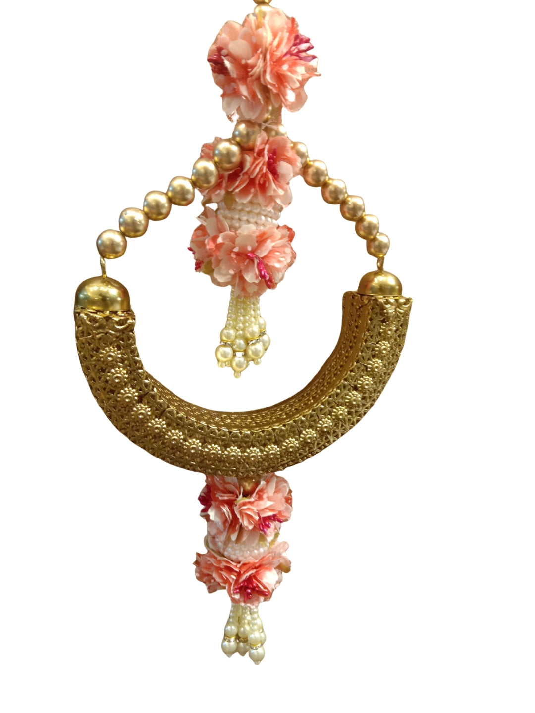 Artificial peach flower with metal crescent shape side hanging set of 2