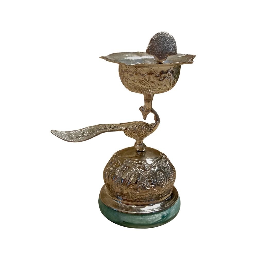 Luxury Silver Plated Peacock Samai Diya with Green Quartz Base & Velvet Box