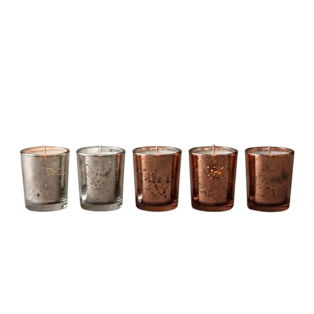 Set of 5 Metallic Luster Glass Votive Scented Candles ( 2 pc Silver, 3 pc Copper)