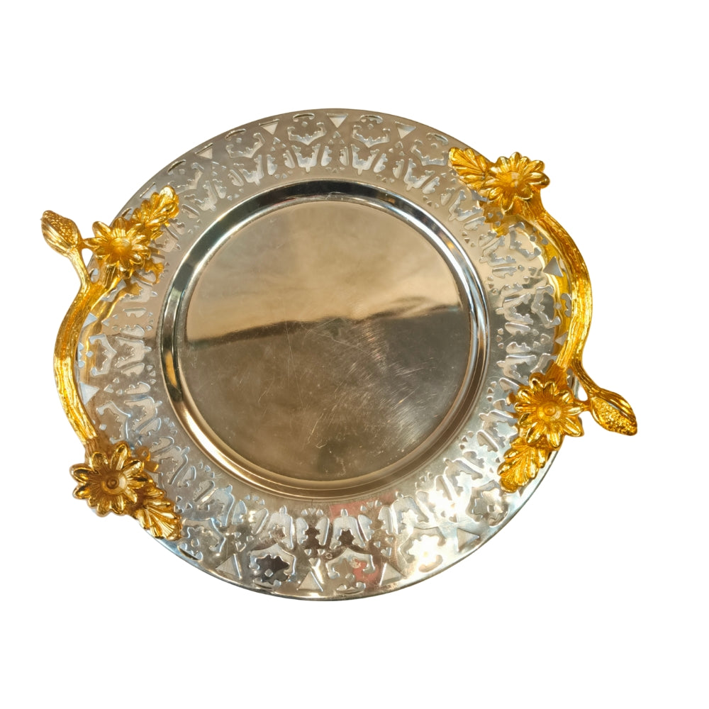 Brass metal silver plated round cutwork tray with metal handle small