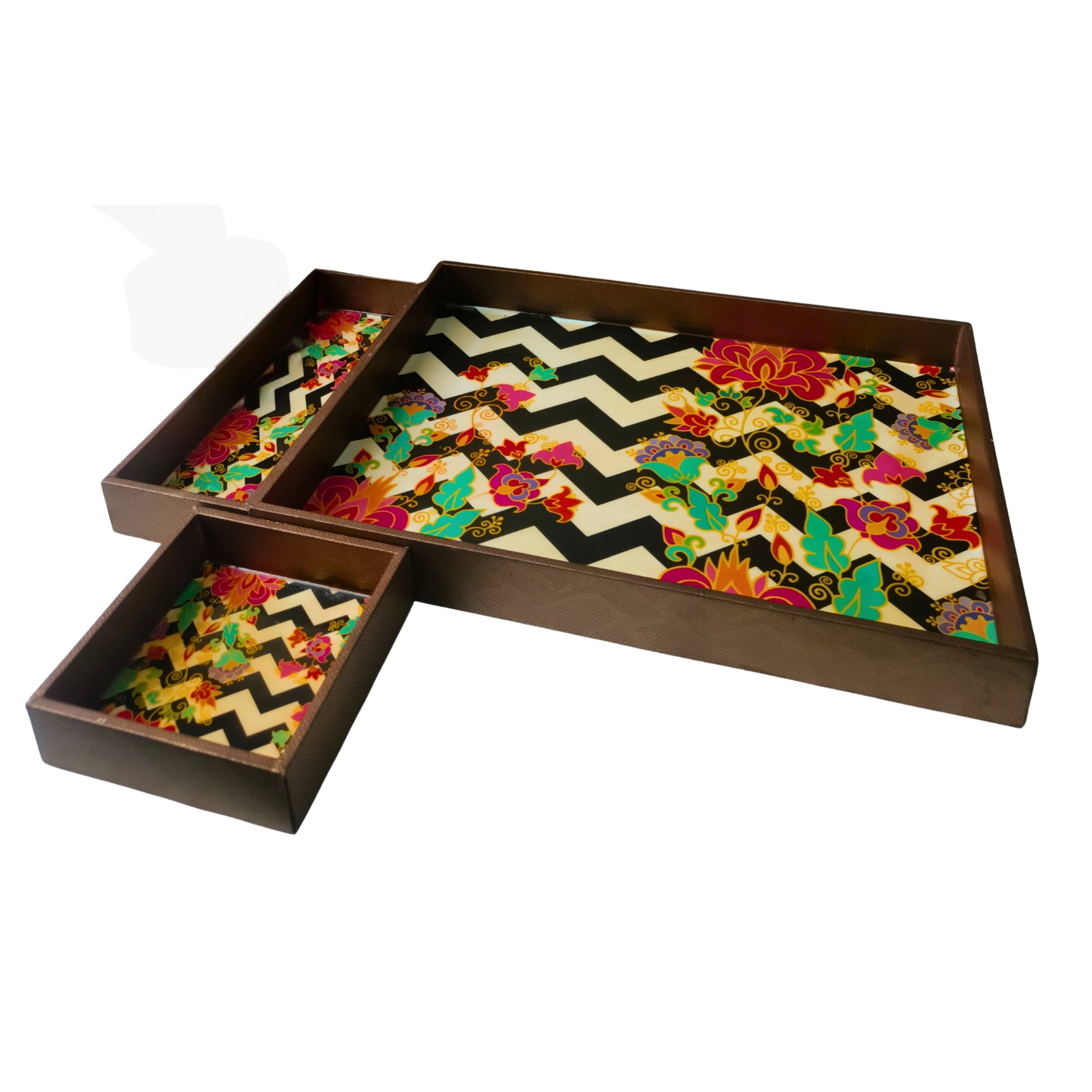 Wooden & Leatherette Zig Zag Multicolor Tray set of 3
