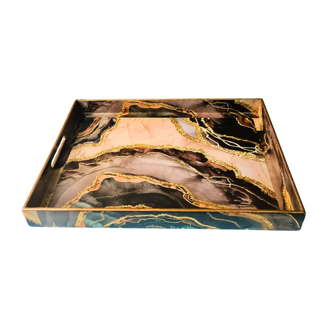 Wooden Brown Marble Print Design Enamel Tray
