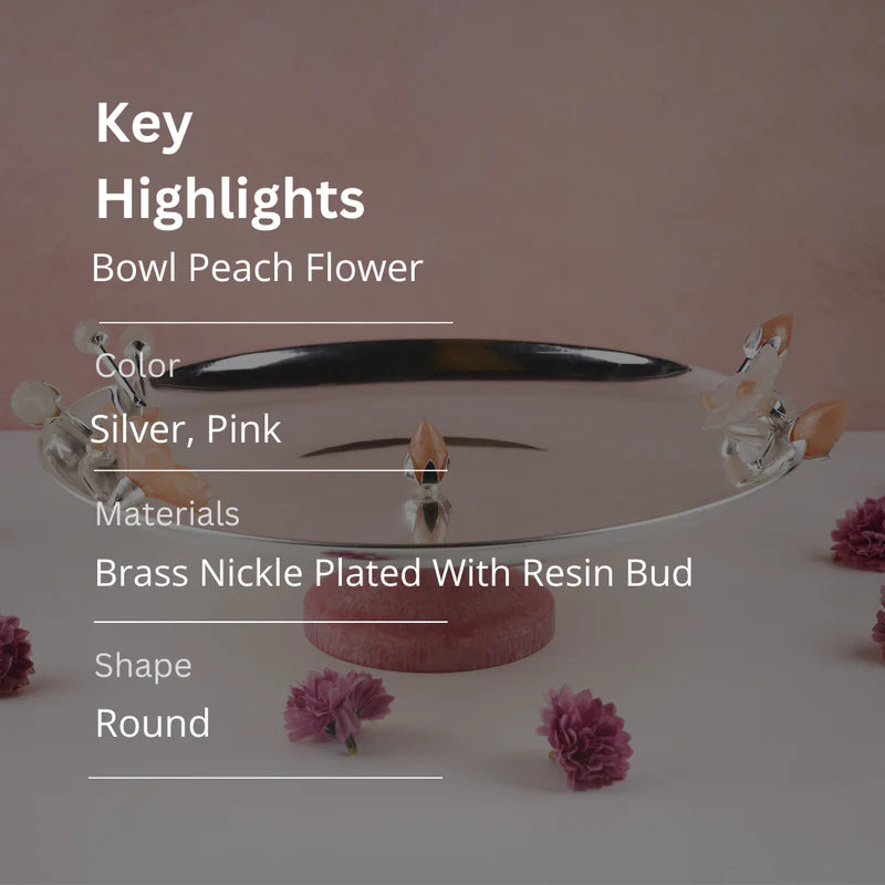 Brass Silver Plated Round Platter With Peach Resin Flower