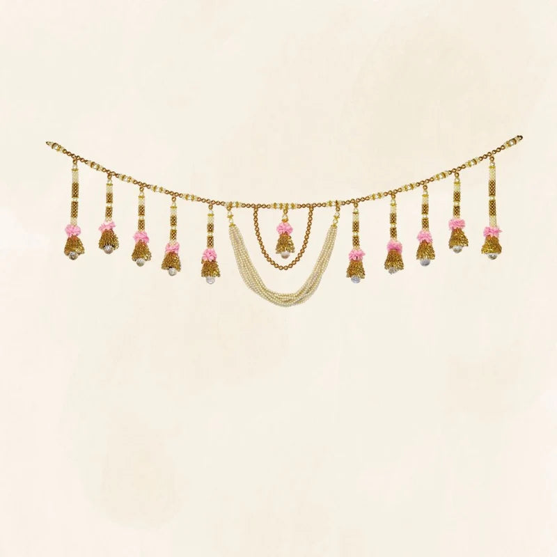 Pink Flower Gold & White Moti With Crystal Hanging Toran With Side Hanging Set