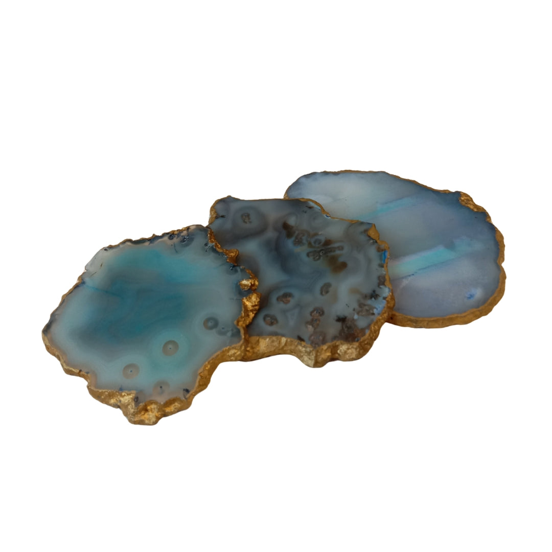 Table Coaster - Blue Agate Stone with Gold Lining Set Of 3