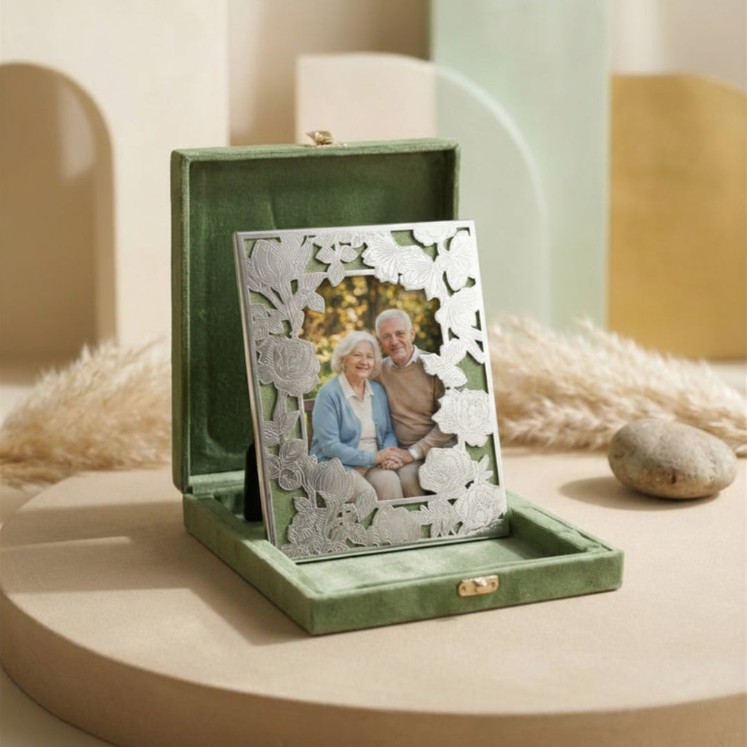 Silver Plated Gulab Baugh Rose Garden Photo Frame (Green Velvet Box)