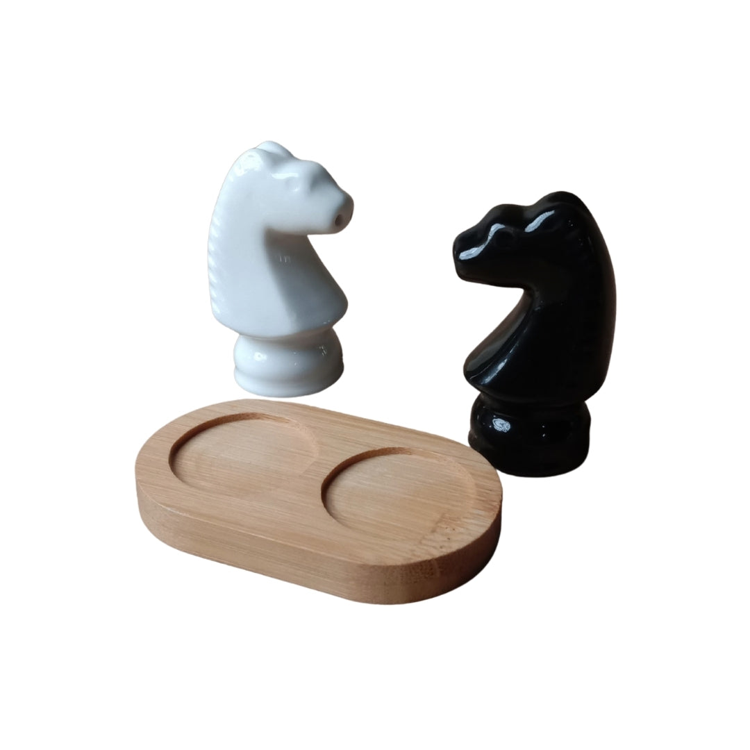 Ceramic Chess Knight Salt and Pepper Shakers with Wooden Tray