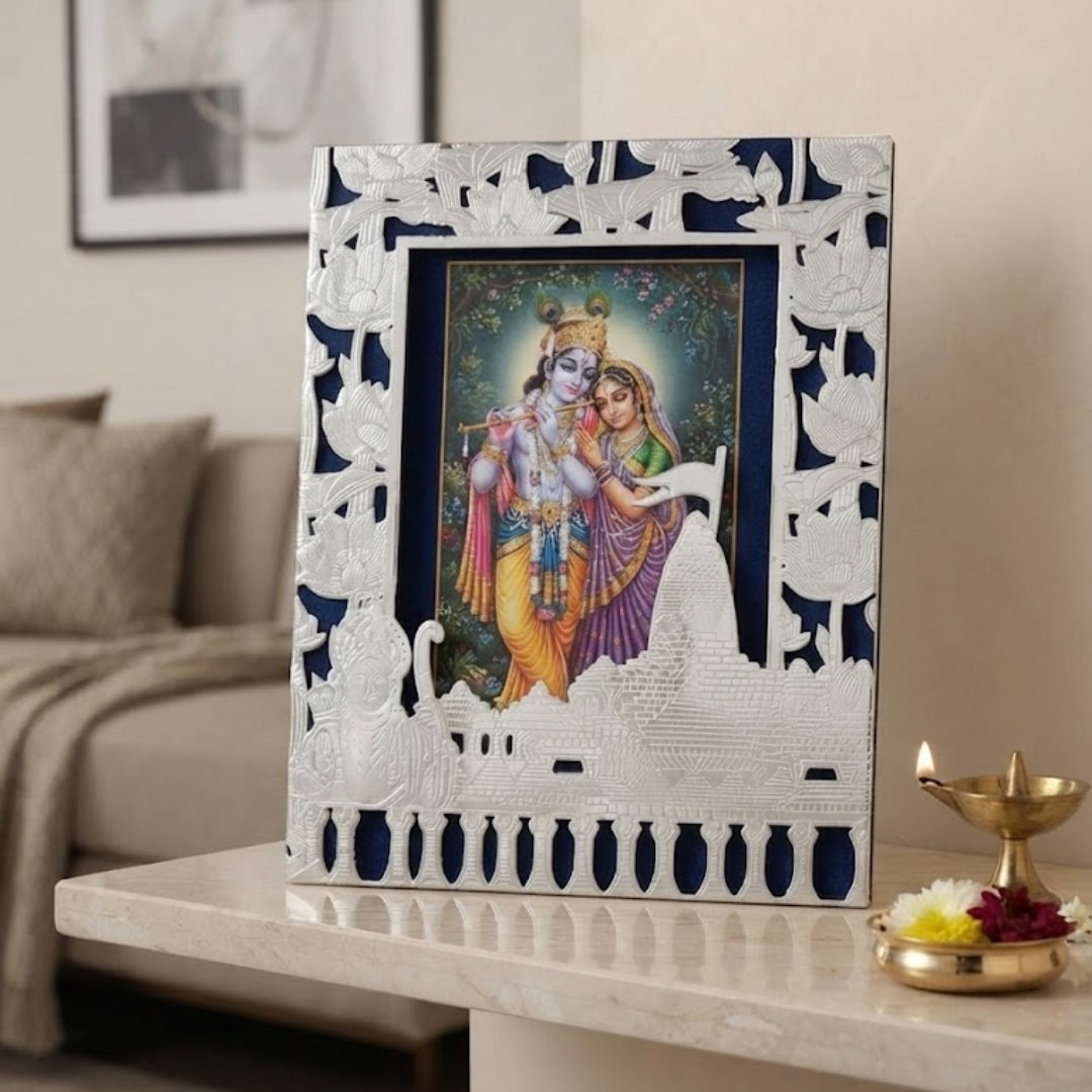 Silver-Plated Ram Mandir & Lotus Design Velvet Photo Frame
