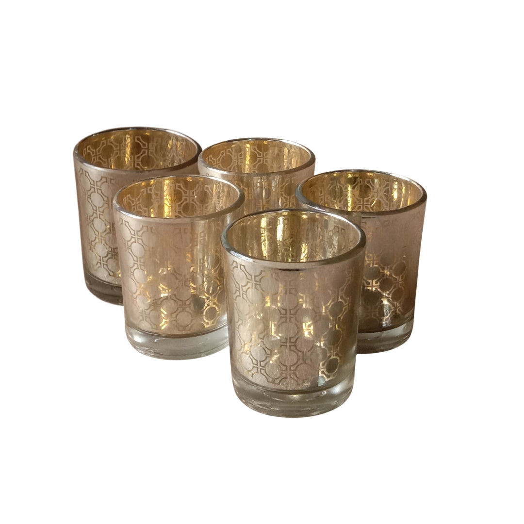 Etched MOsiac Silver Glass Votive Candle Holders - Elegant Small Set of 5