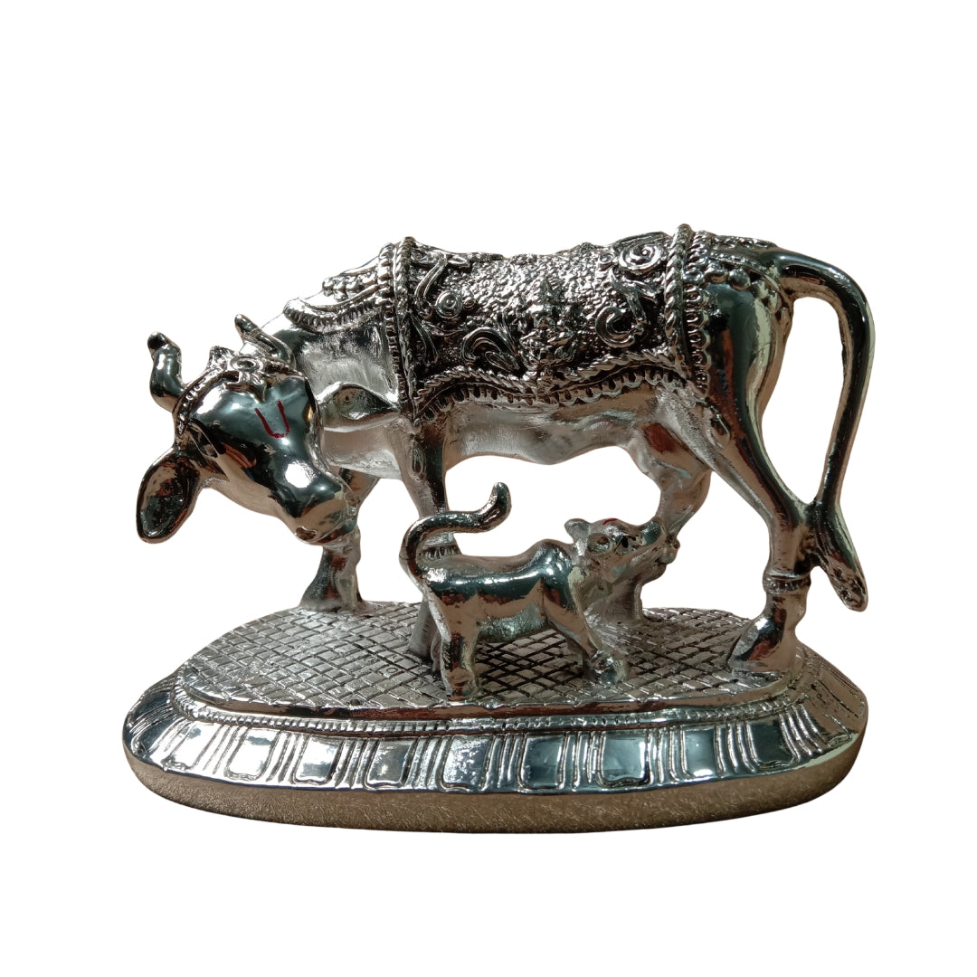 The Home Co- 999 Pure Silver  Plated Kamdhenu Divine Om Cow and Calf Idol- 4.5"