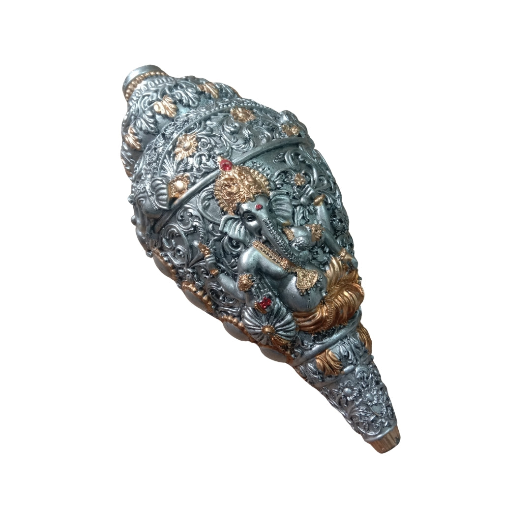 Silver Plated Ganesha Shankh with Turquoise Velvet Box for Auspicious Gifting